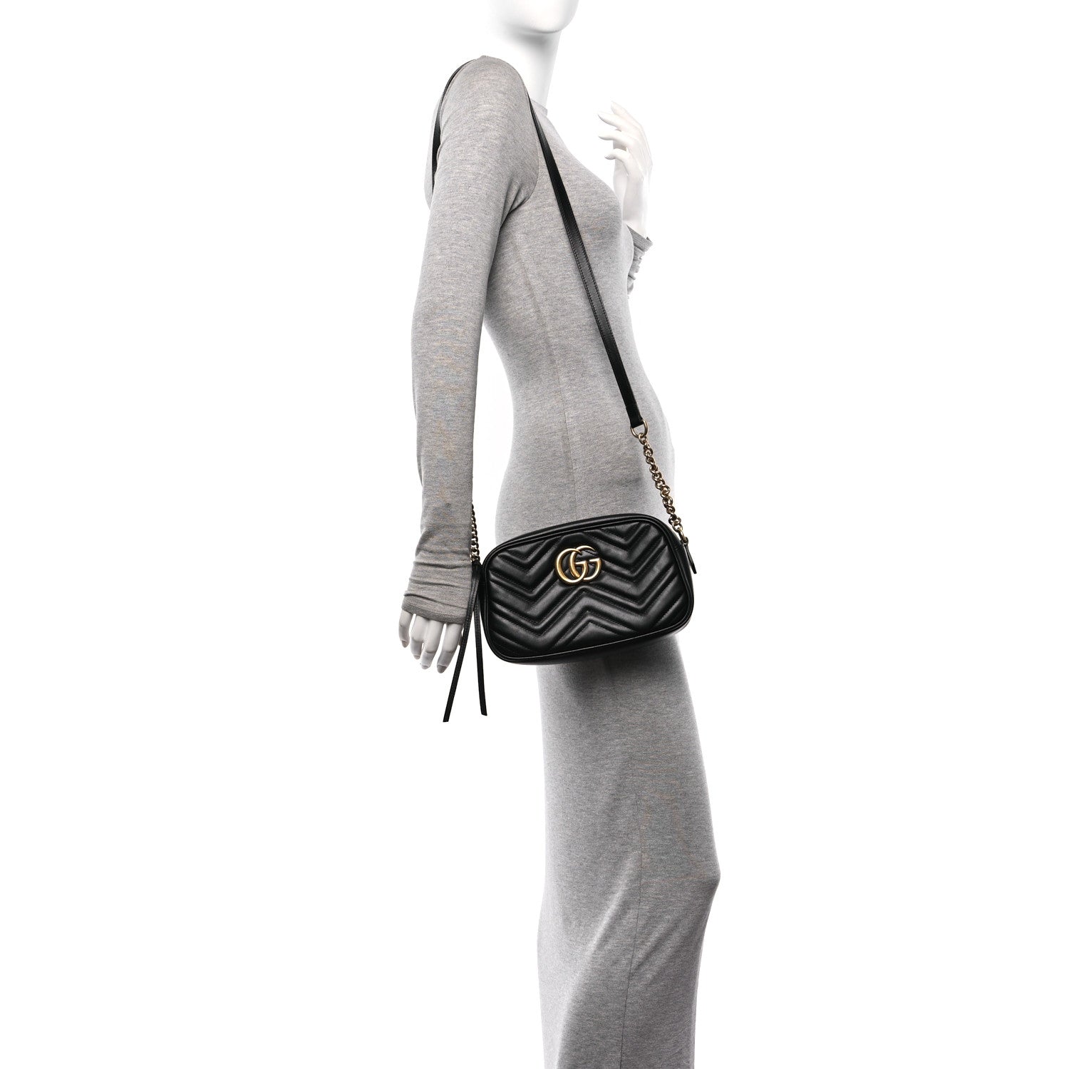 Gucci Calfskin Matelasse Small GG Marmont Chain Shoulder Bag Black 2 of 11