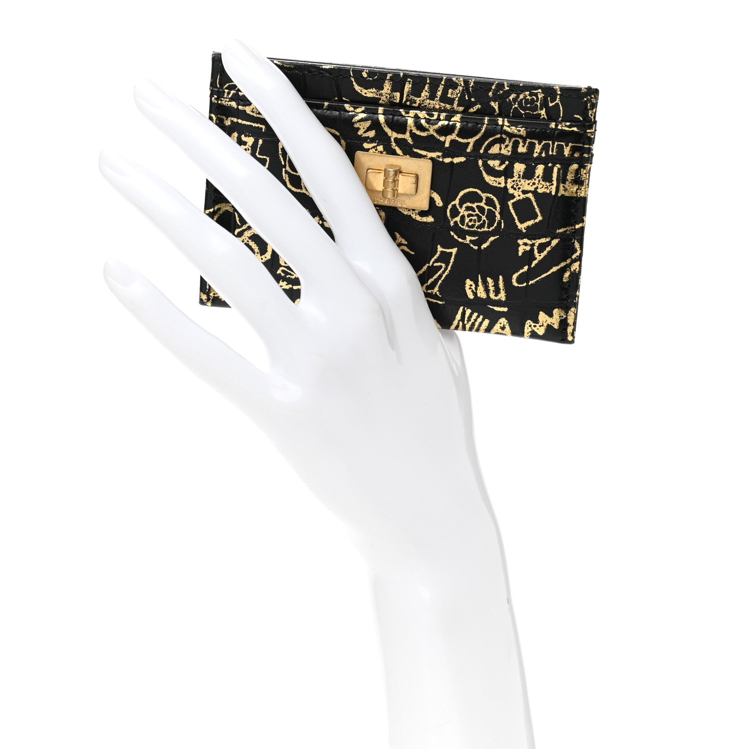 Chanel Calfskin Crocodile Embossed Graffiti 2.55 Cocodile Reissue Card Holder Black Gold 2 of 8