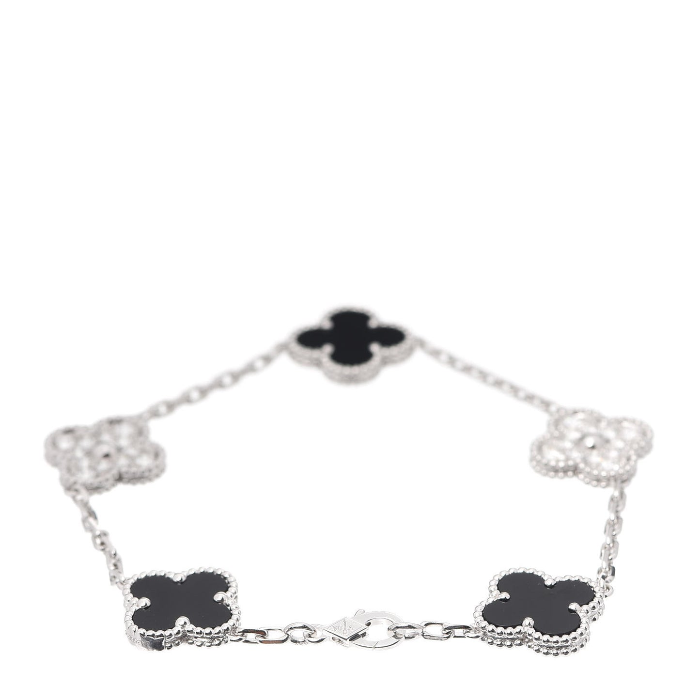 18K White Gold Diamond Black Onyx 5 Motifs Vintage Alhambra Bracelet