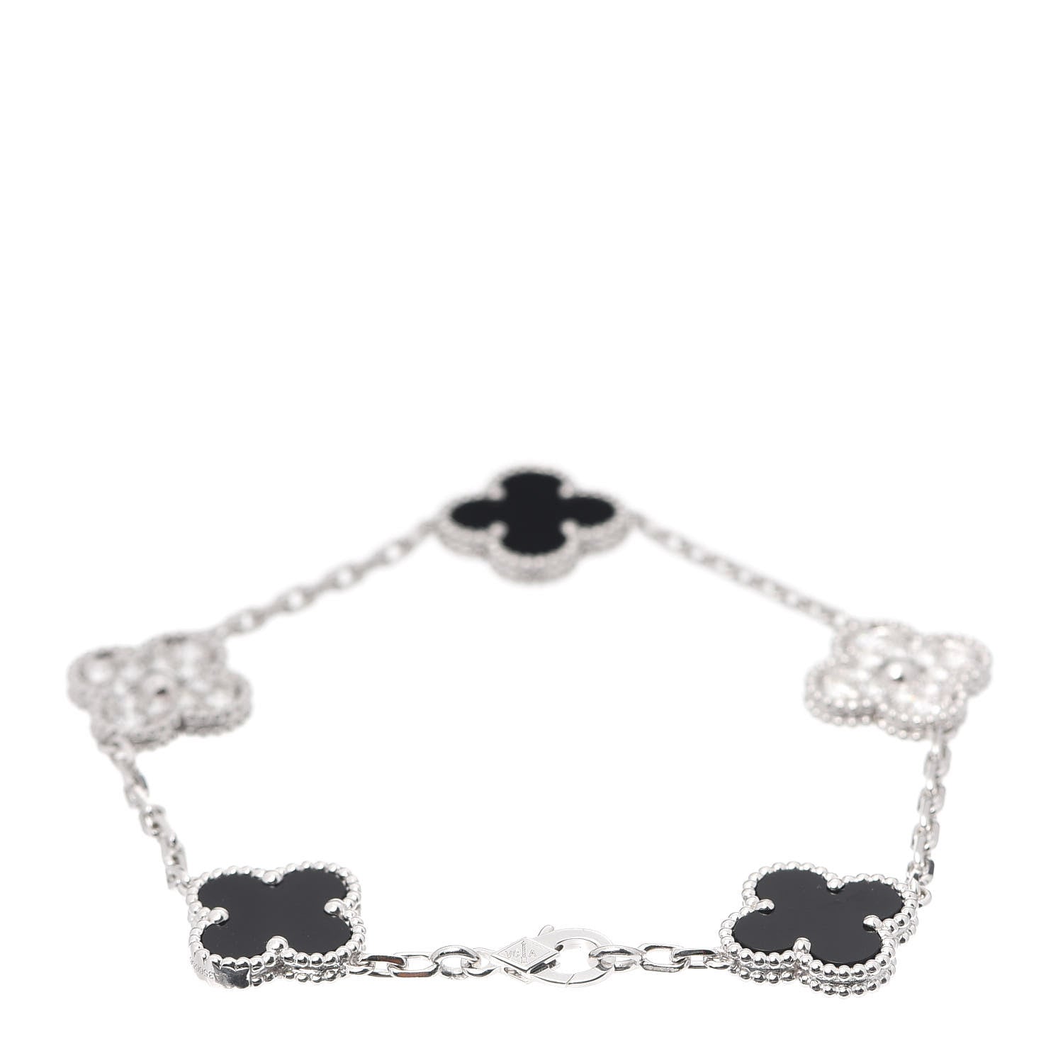 Van Cleef & Arpels 18K White Gold Diamond Black Onyx 5 Motifs Vintage Alhambra Bracelet 3 of 7