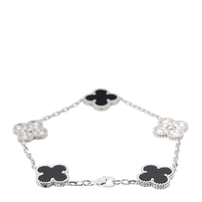 Van Cleef & Arpels 18K White Gold Diamond Black Onyx 5 Motifs Vintage Alhambra Bracelet 3 of 7