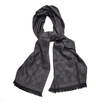 Gucci Wool Jacquard GG Monogram Sten Fringe Scarf Anthracite Black 1 of 7