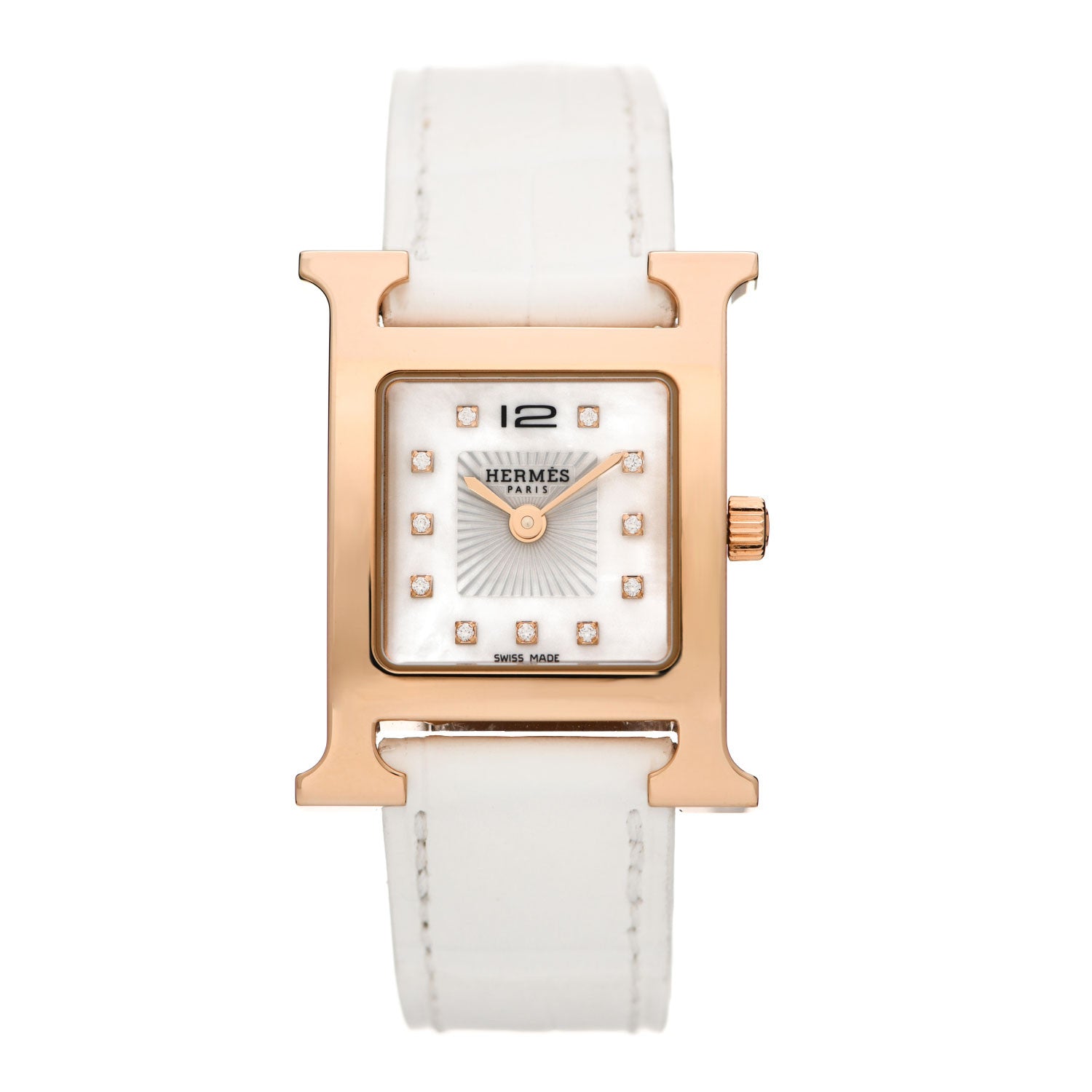 Hermes Stainless Steel Alligator Diamond Mother of Pearl 21mm Heure H Hour Quartz Watch Blanc 1 of 5