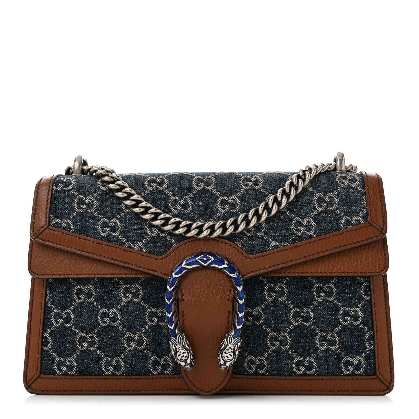 New Denim GG Monogram Dollar Calfskin Enamel Small Dionysus Shoulder Bag Blue Tea Cuir Epilog Electric Blue