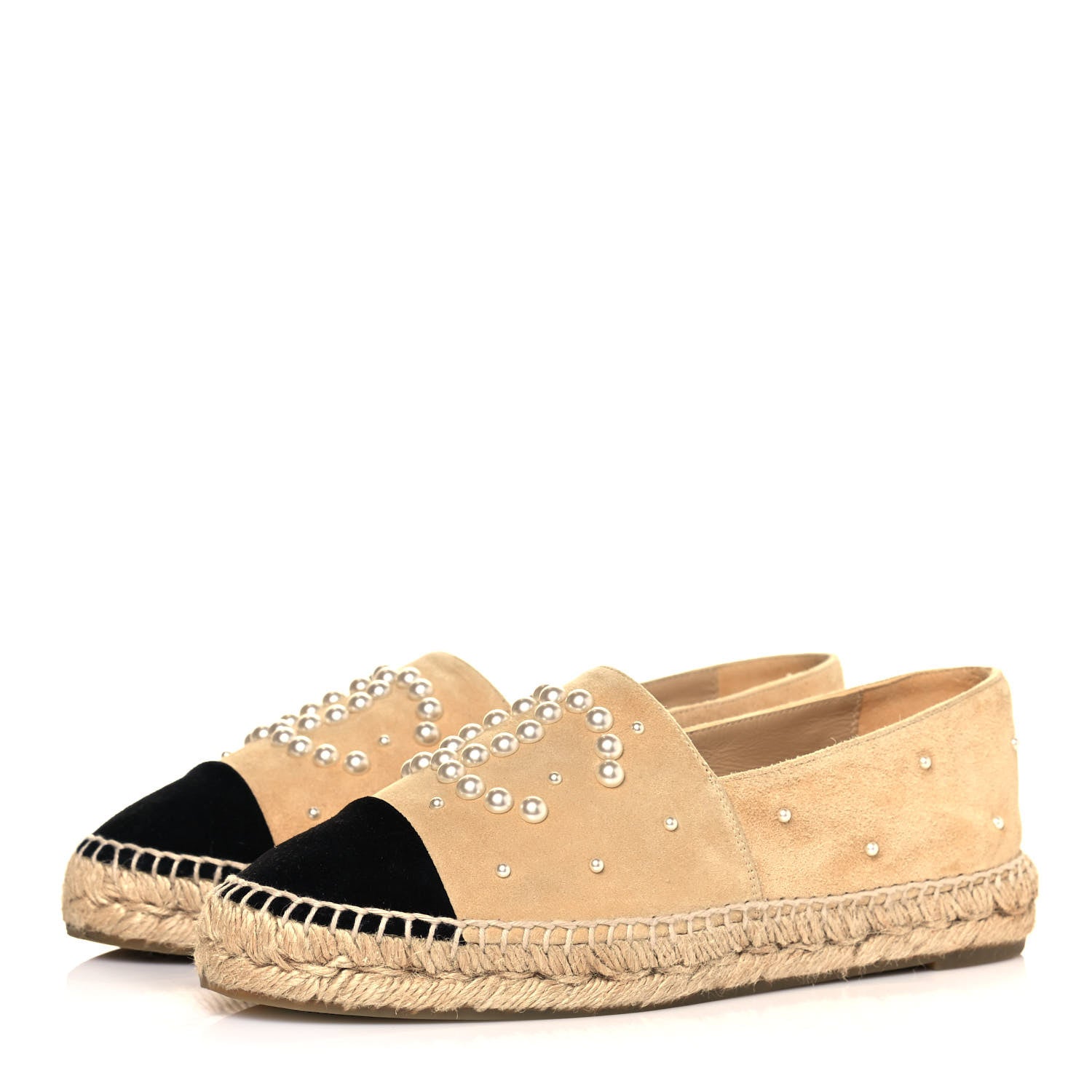 Chanel Suede Pearl CC Espadrilles 38 Beige Black 3 of 10