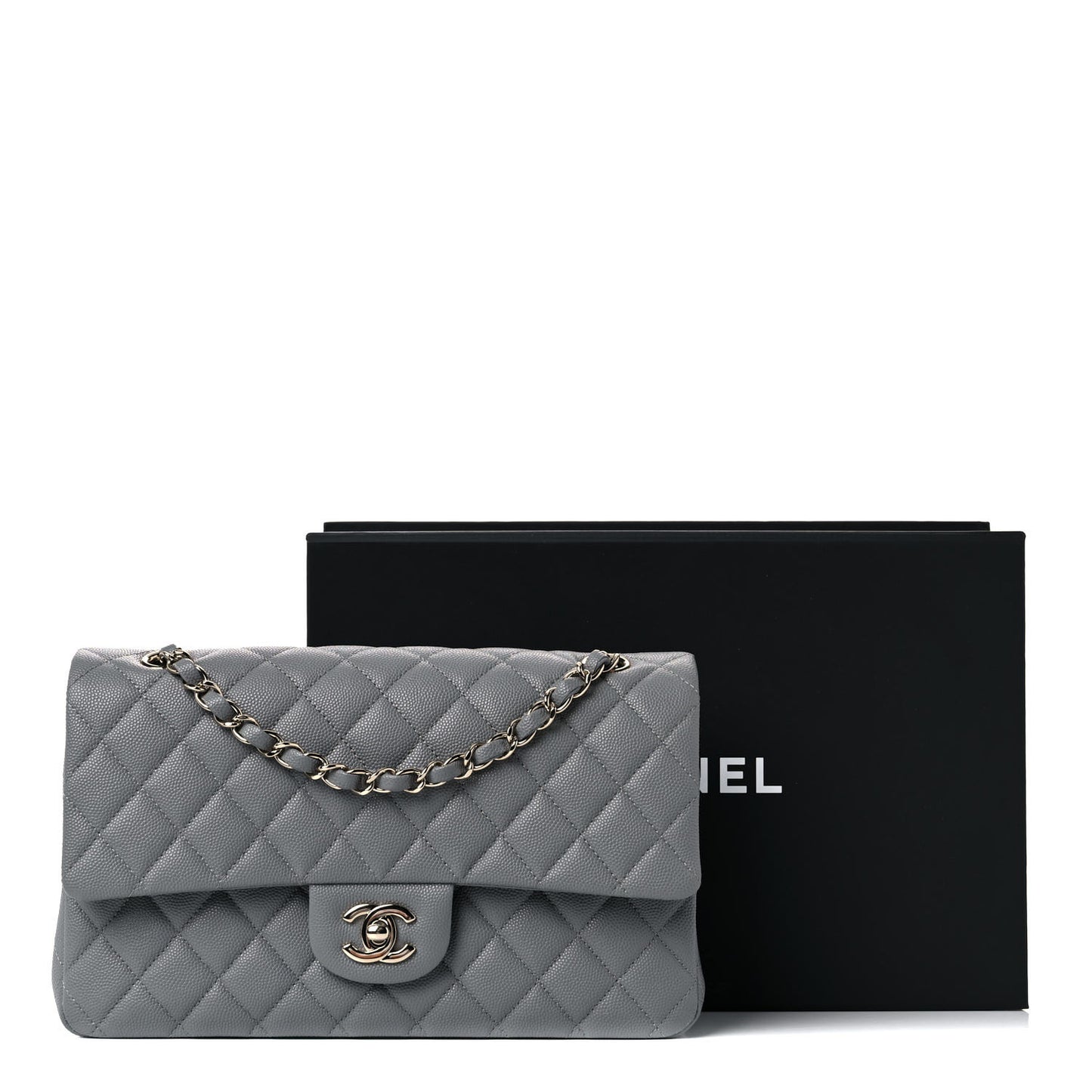 Caviar Quilted Medium Double Flap Grey