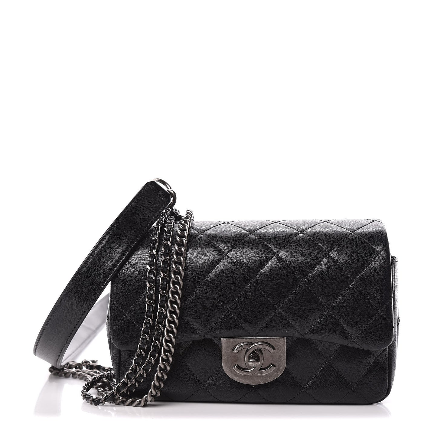 Shiny Goatskin Quilted Small Double Carry Waist Chain Flap Black