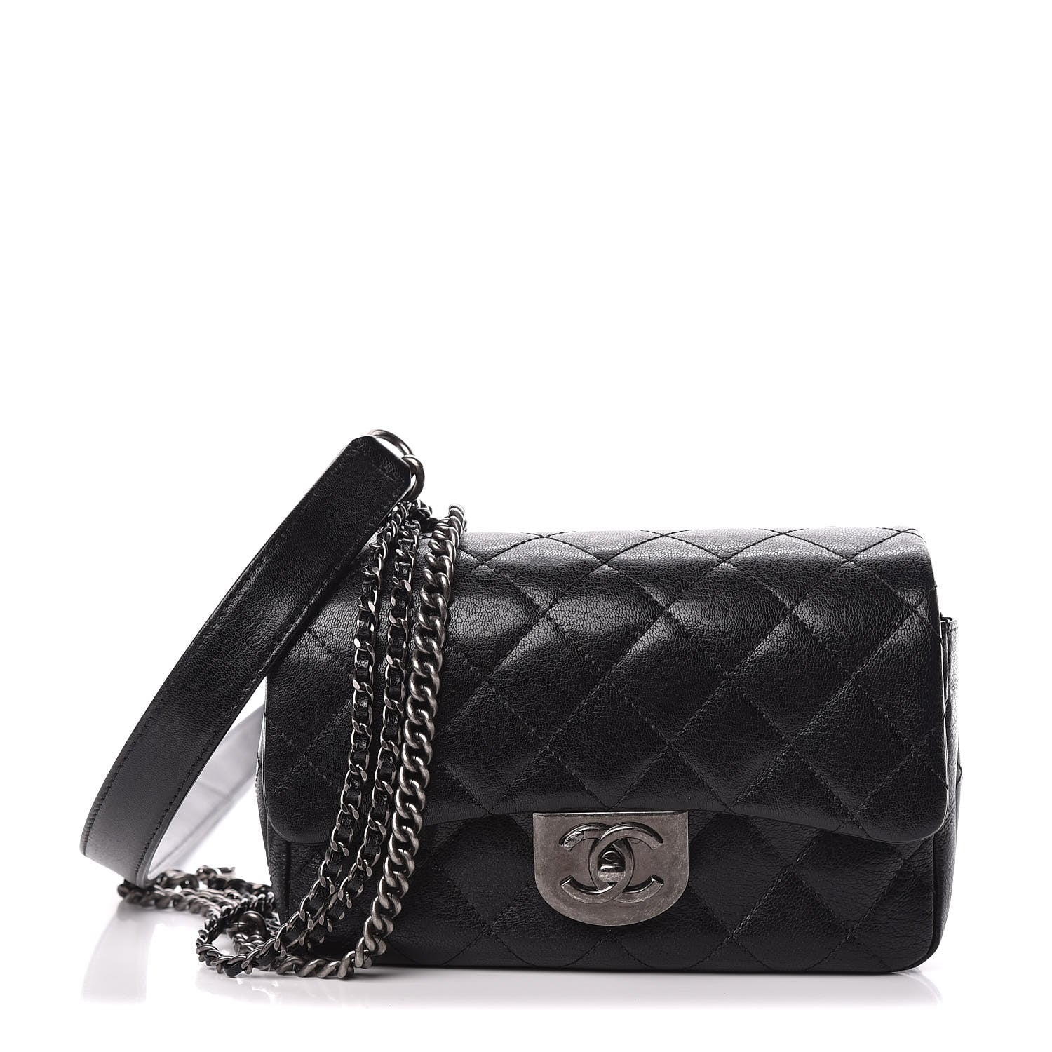 Chanel Shiny Goatskin Quilted Small Double Carry Waist Chain Flap Black 1 of 12
