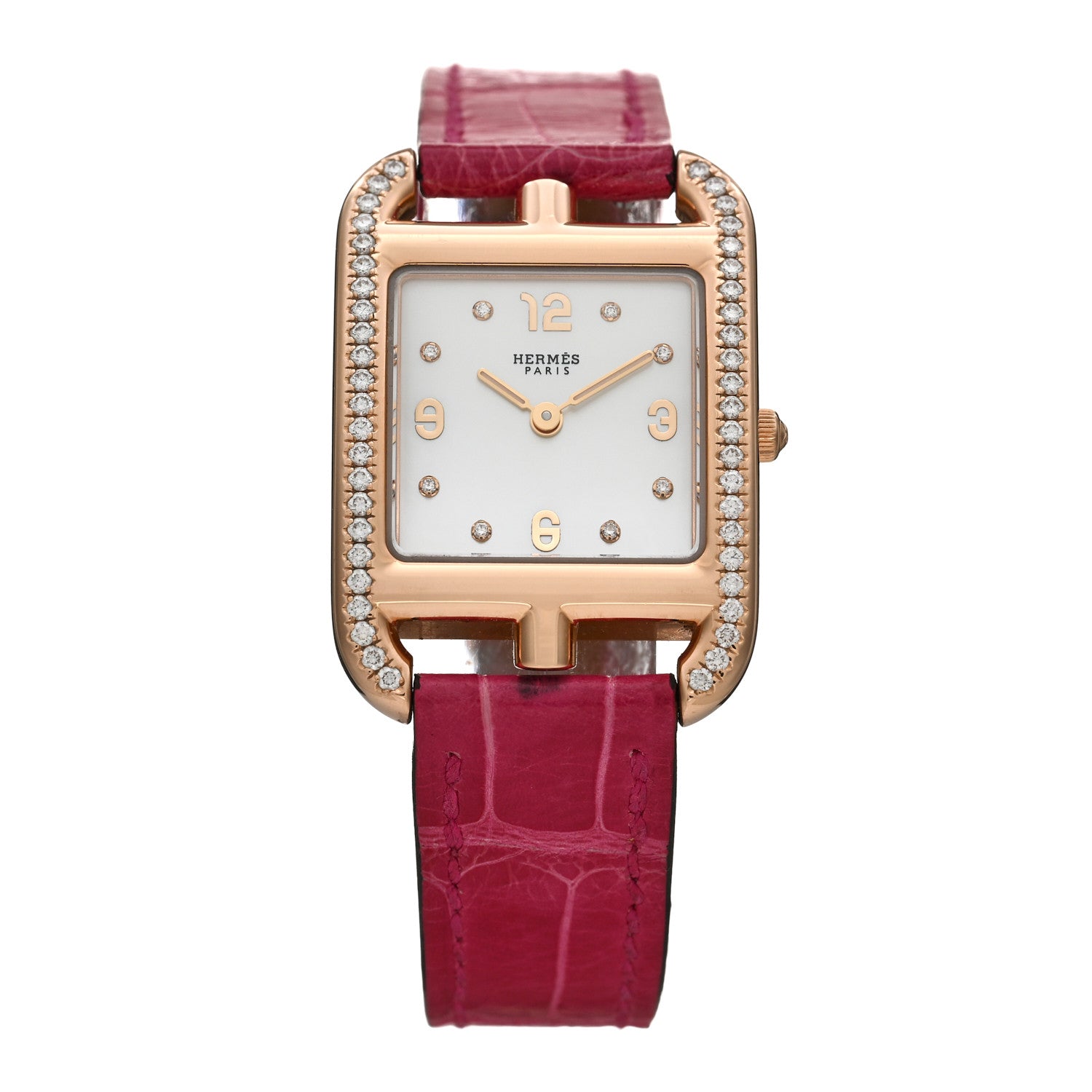 Hermes 18K Yellow Gold Alligator Diamond Bezel Mother of Pearl 23mm Cape Cod Quartz Watch Framboise 1 of 5