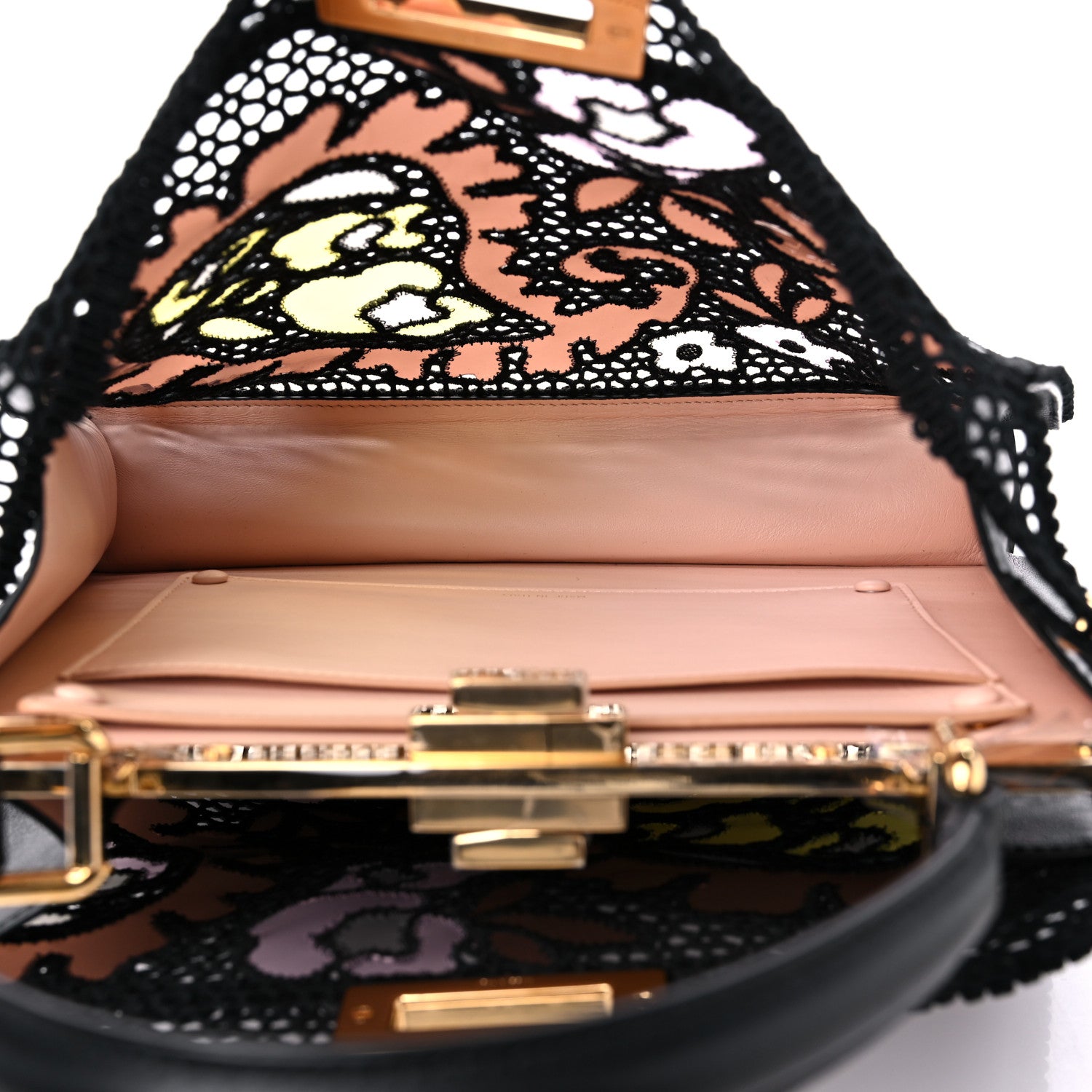 Fendi Calfskin Lace Medium Peekaboo I SEE U Satchel Black Multicolor Light Rose 6 of 10