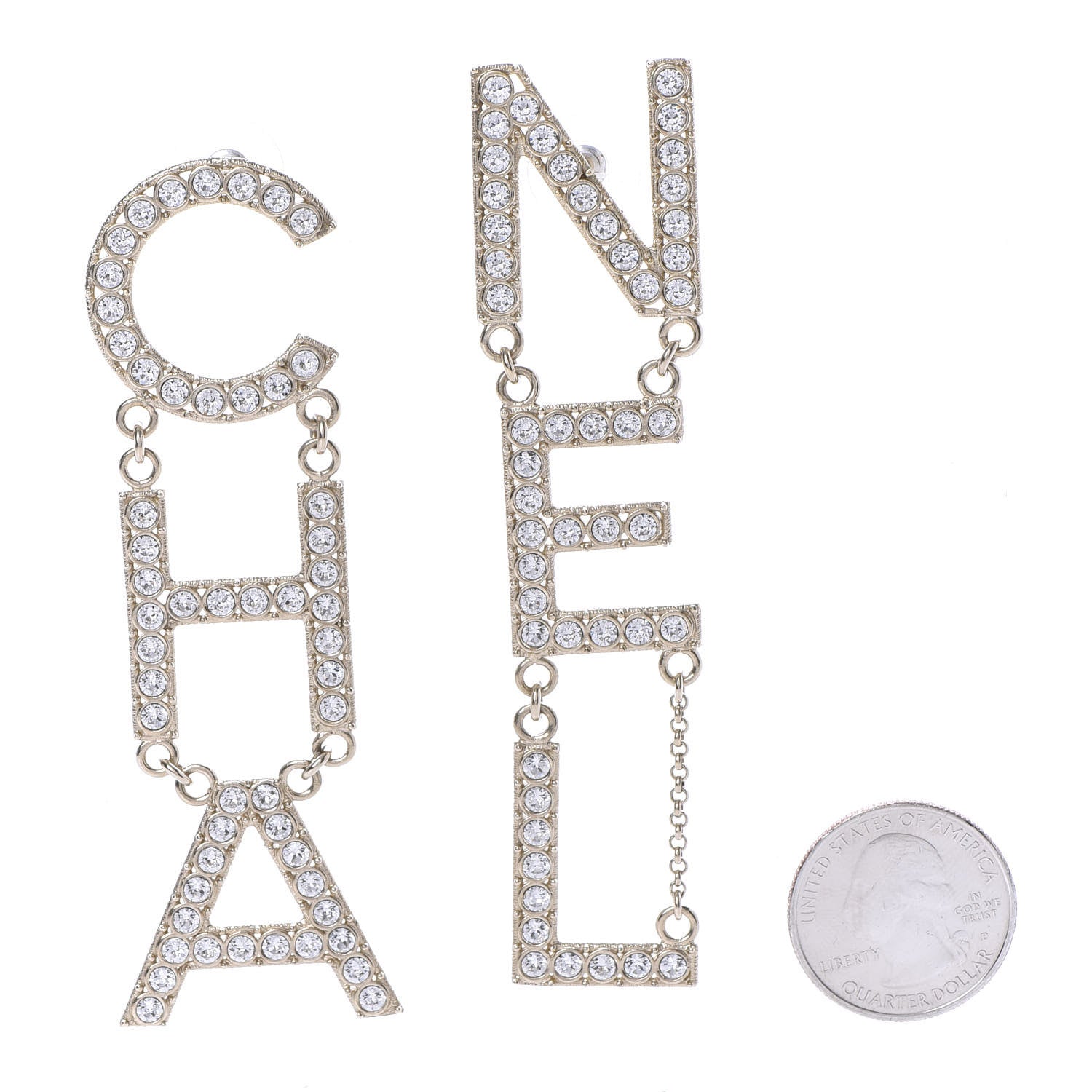 Chanel Crystal Cha-Nel Logo Drop Earrings Gold 2 of 5