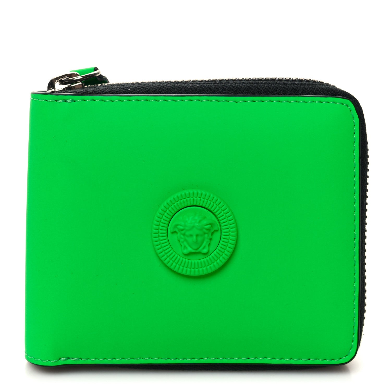 Versace Calfskin Rubber Medusa Biggie Bifold Compact Zip Around Wallet Lime 1 of 9