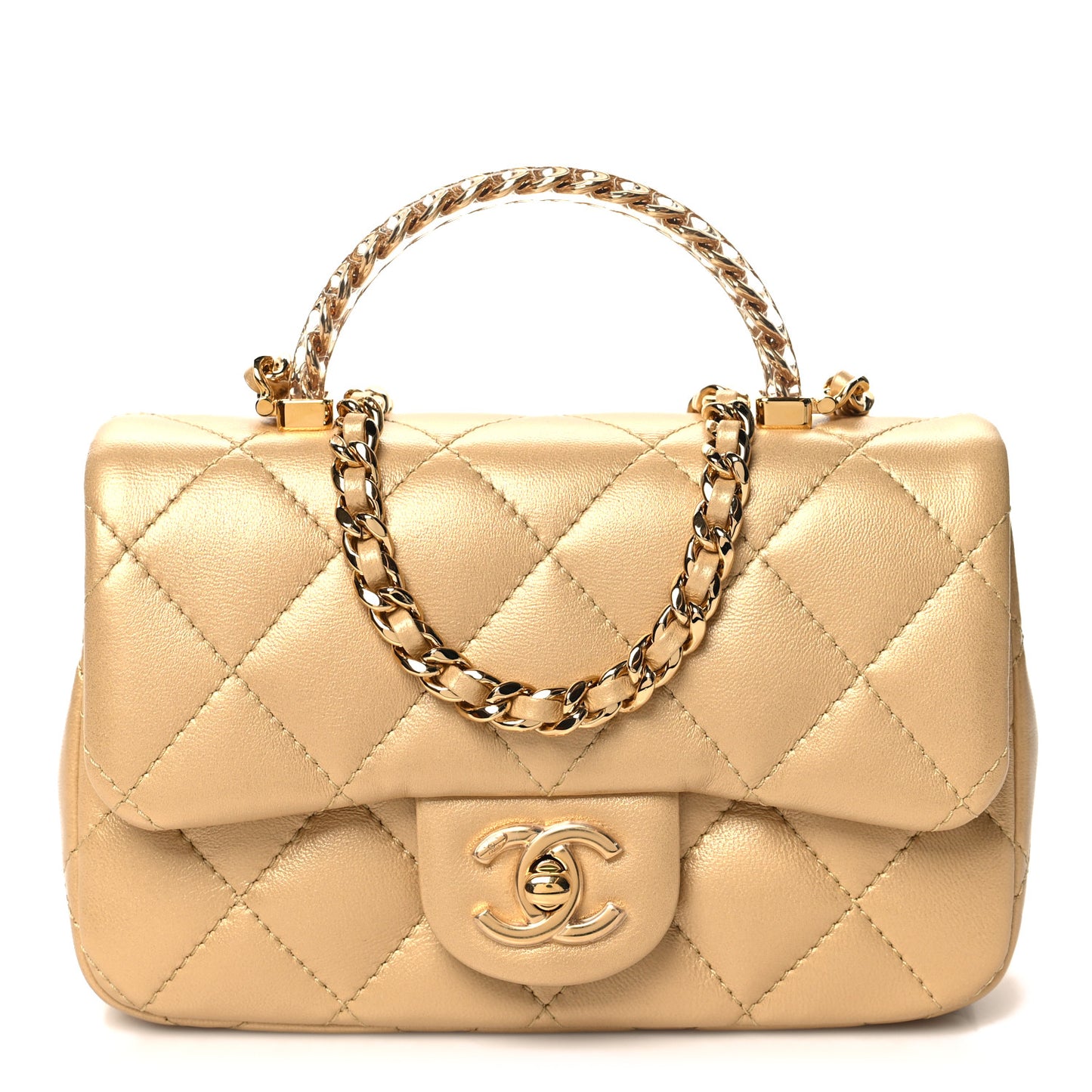 Metallic Lambskin Resin Quilted Top Handle Mini Flap Gold