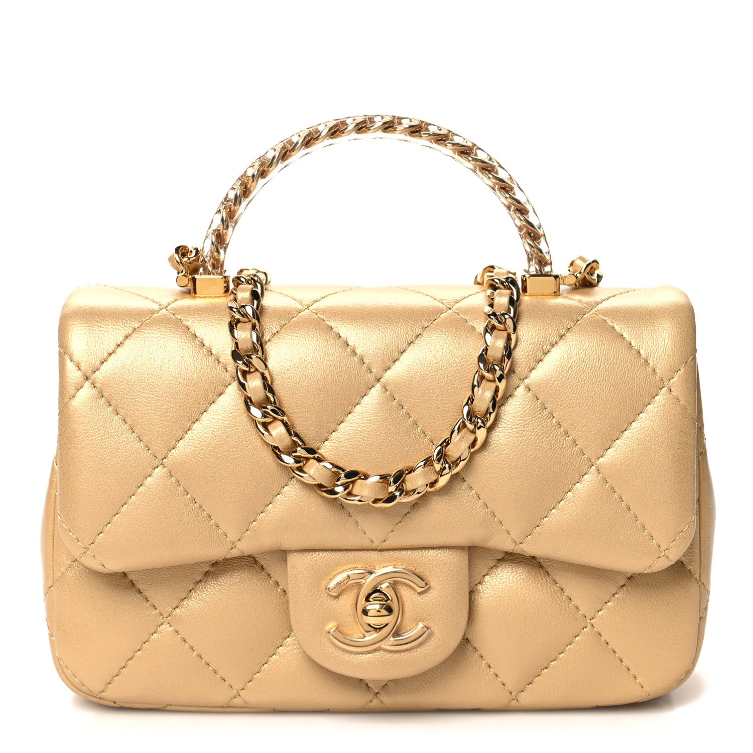Chanel Metallic Lambskin Resin Quilted Top Handle Mini Flap Gold 1 of 11