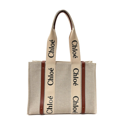 Chloe Linen Calfskin Medium Woody Ribbon Tote White Brown 1 of 14