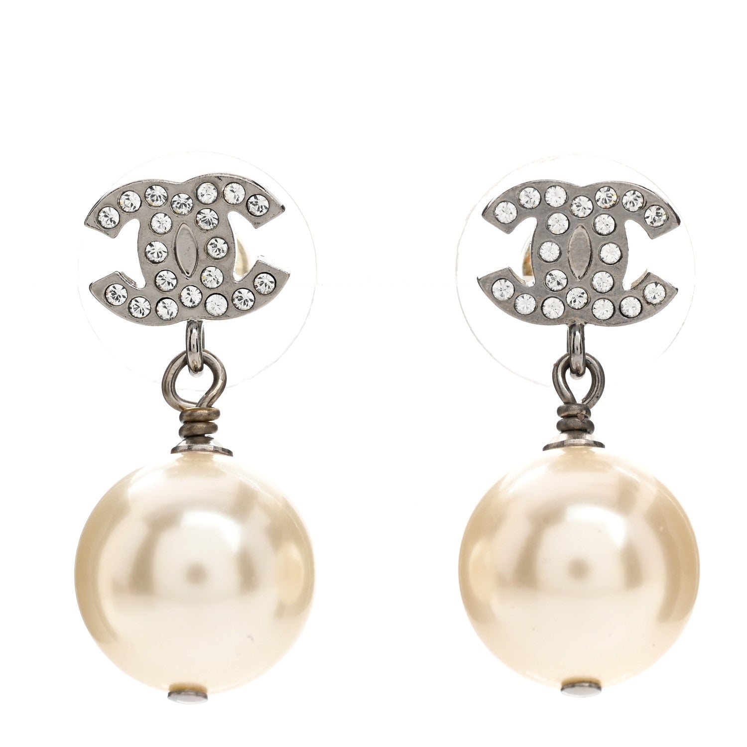 Chanel Pearl Crystal CC Drop Earrings Silver Pearly White 1 of 5