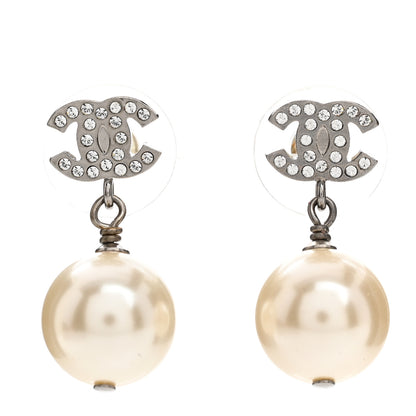 Chanel Pearl Crystal CC Drop Earrings Silver Pearly White 1 of 5