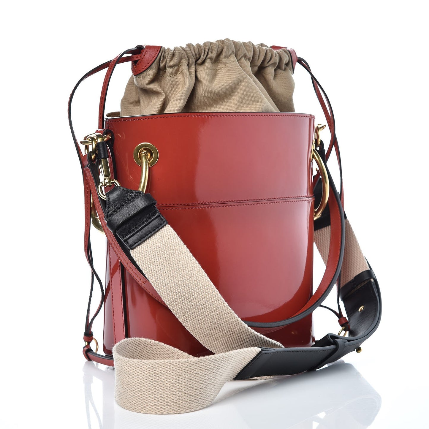Patent Calfskin Small Roy Bucket Bag Earthy Red