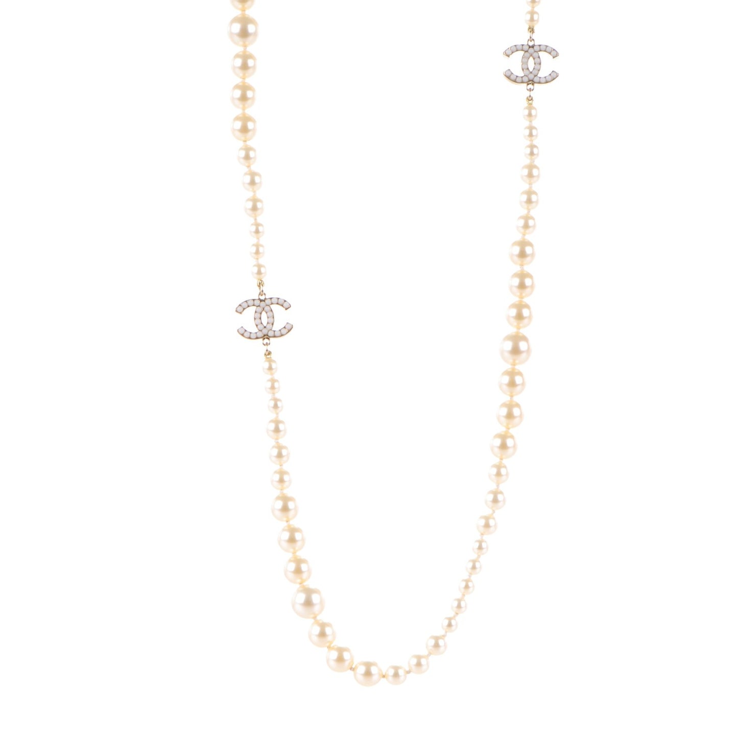 Graduated Pearl CC Long Necklace Gold