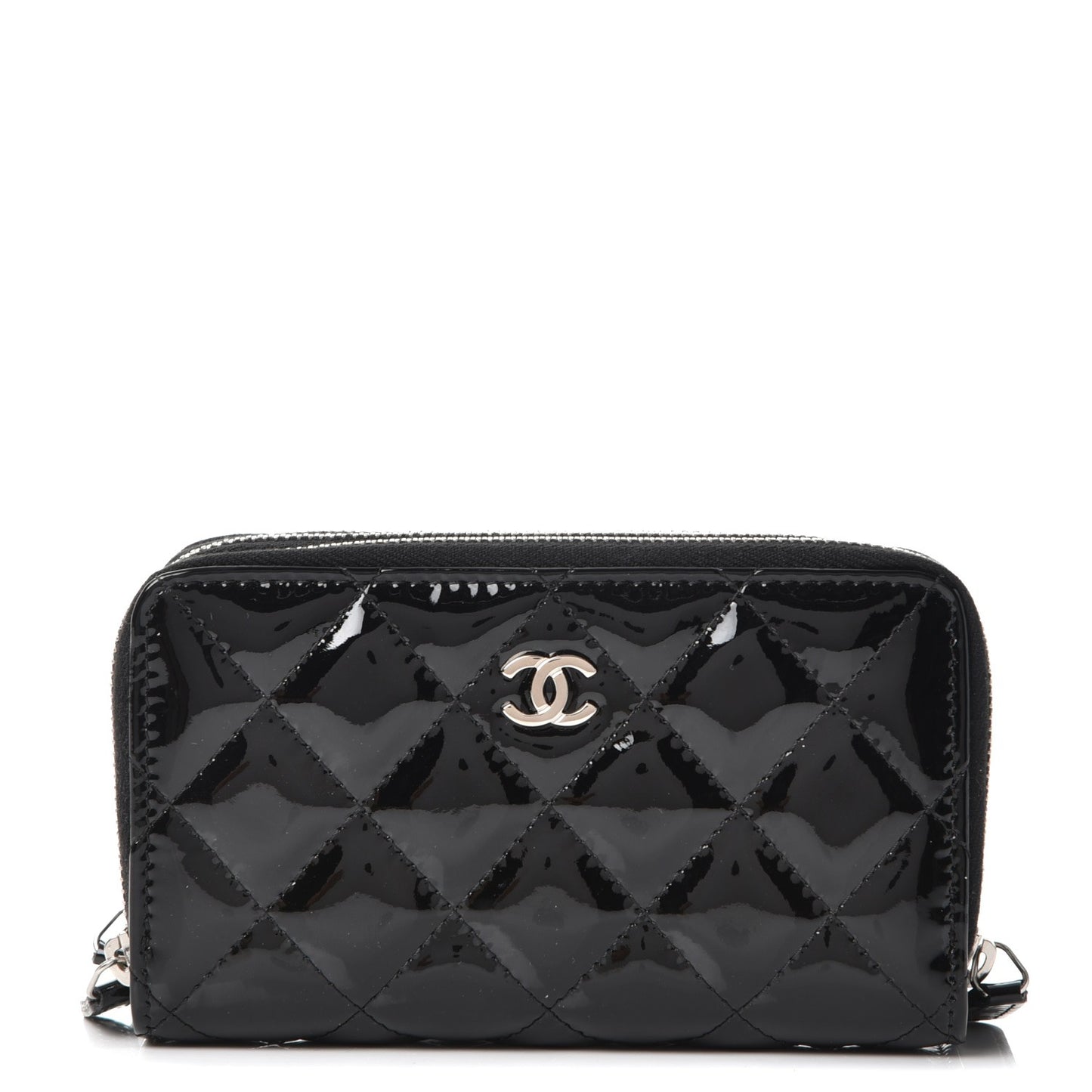 Patent Calfskin Quilted Zip Around Phone Holder Black