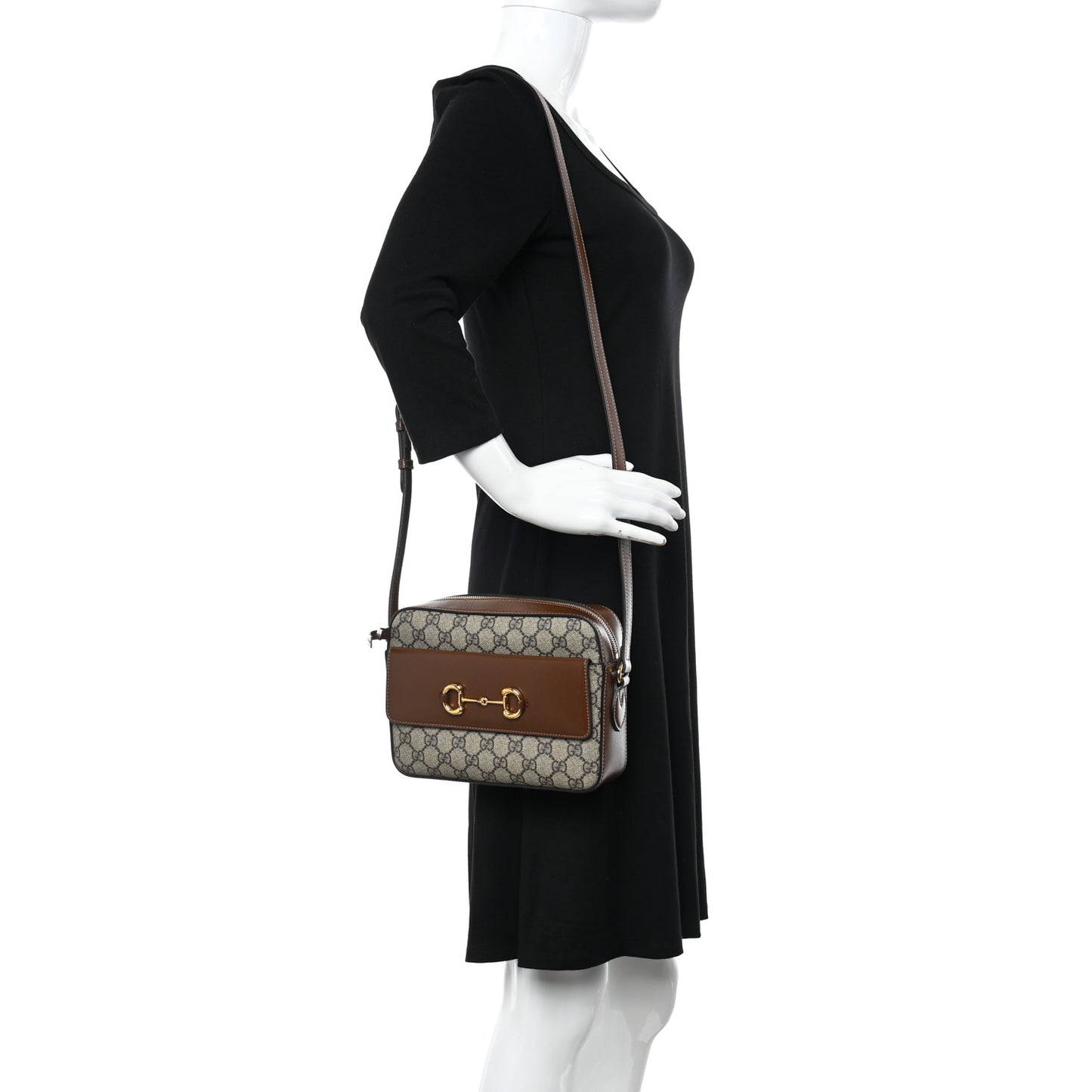 GG Supreme Monogram Small Horsebit 1955 Shoulder Bag Beige Brown Sugar