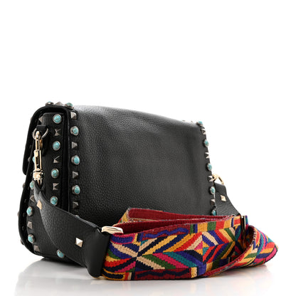 Valentino Garavani Pebbled Calfskin Turquoise Medium Guitar Strap Rockstud Rolling Flap Saddle Bag Black 2 of 10