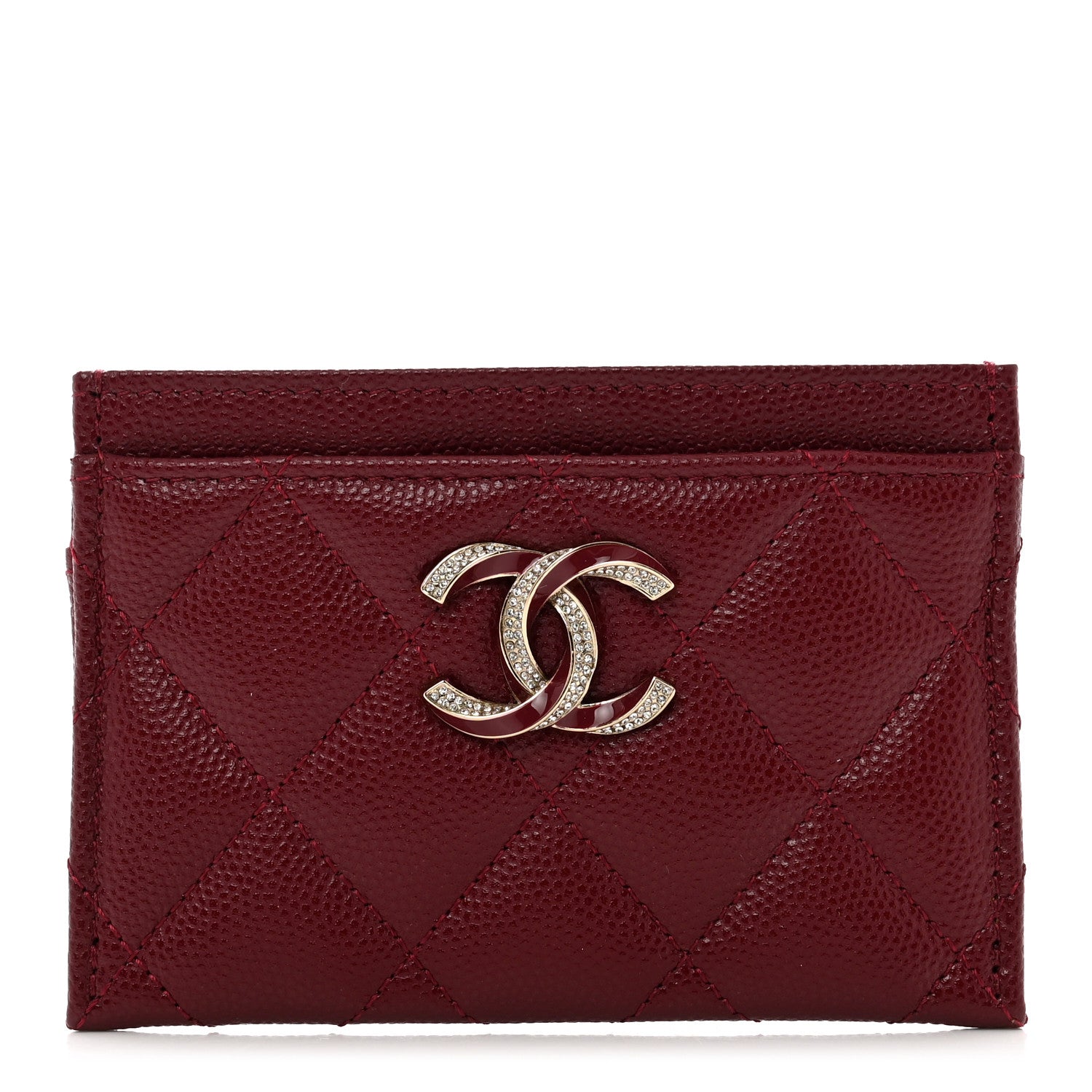 Chanel Caviar Quilted Crystal Enamel CC Card Holder Burgundy 1 of 9