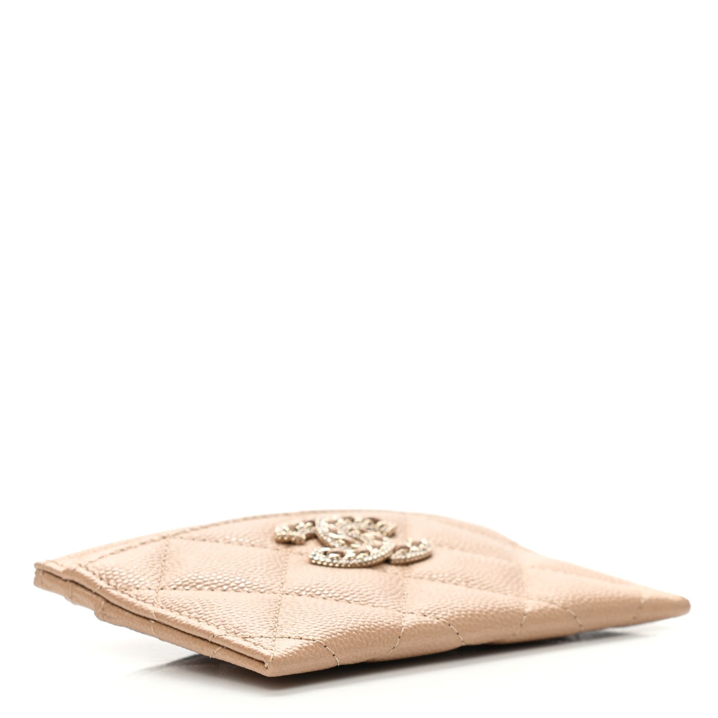 Caviar Quilted Crystal Card Holder Beige