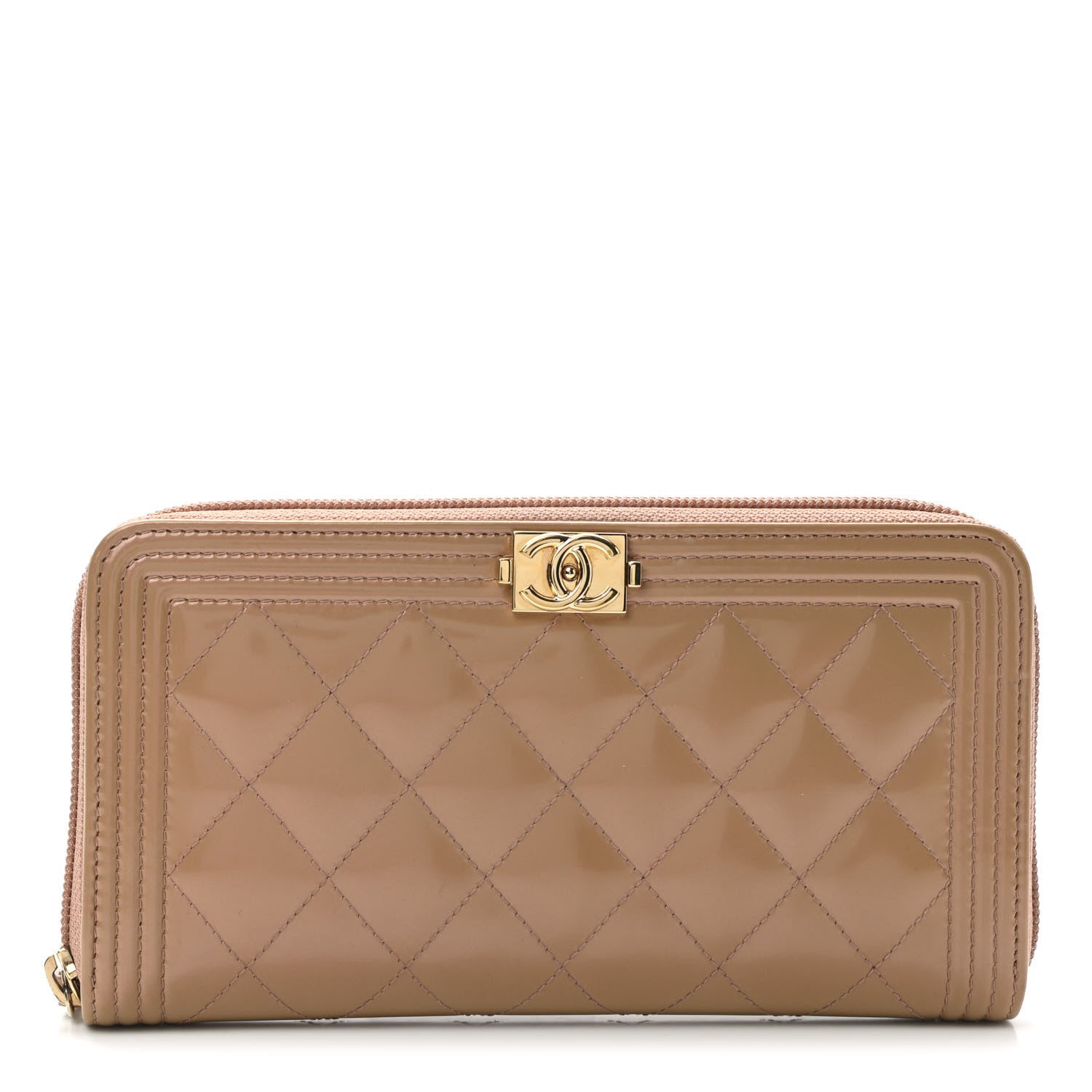 Chanel Patent Calfskin Quilted Boy L-Gusset Zip Wallet Dark Beige 1 of 10