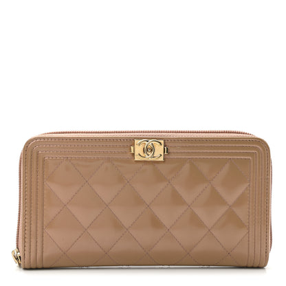 Chanel Patent Calfskin Quilted Boy L-Gusset Zip Wallet Dark Beige 1 of 10
