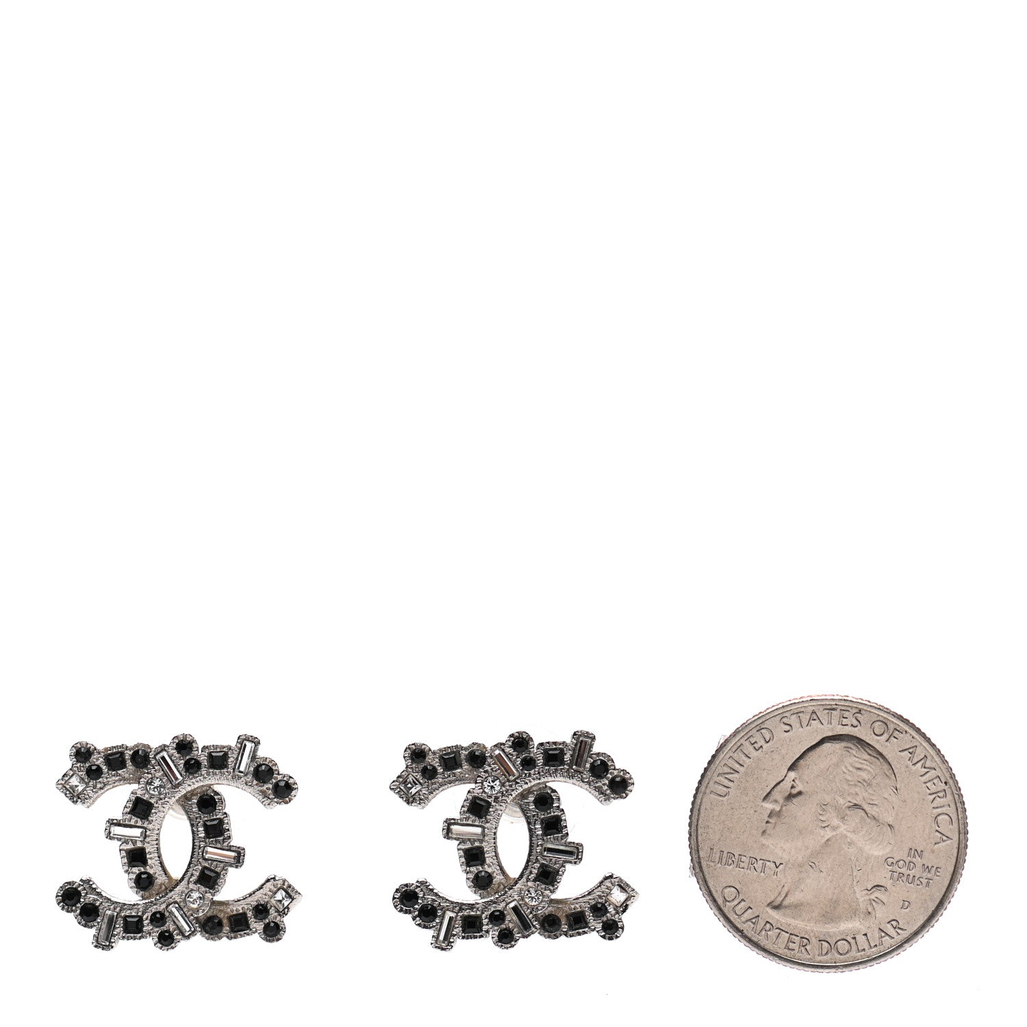 Chanel Baguette Crystal CC Earrings Silver Black 2 of 4