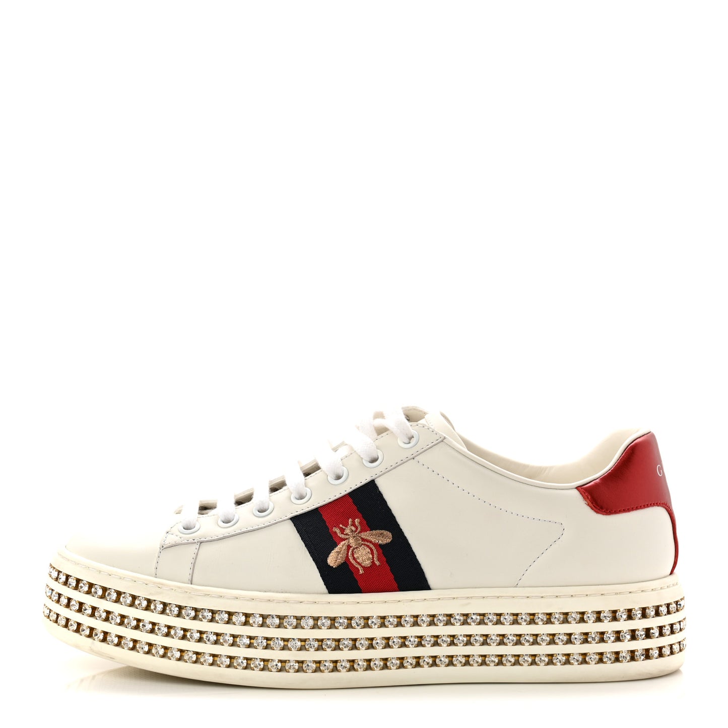 Calfskin Crystal Web Bee Embroidered Womens Ace Platform Sneakers 39 White