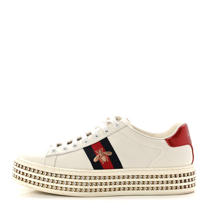 Gucci Calfskin Crystal Web Bee Embroidered Womens Ace Platform Sneakers 39 White 1 of 9