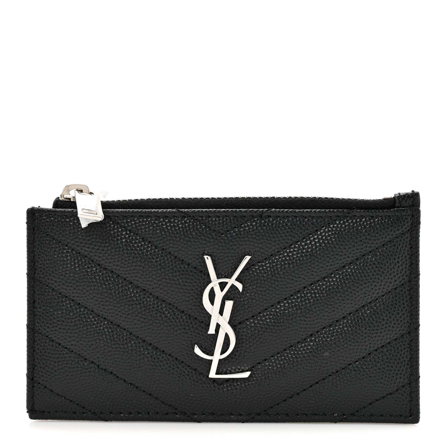 Saint Laurent Grain De Poudre Matelasse Chevron Monogram Fragments Zippered Card Case Black 1 of 8