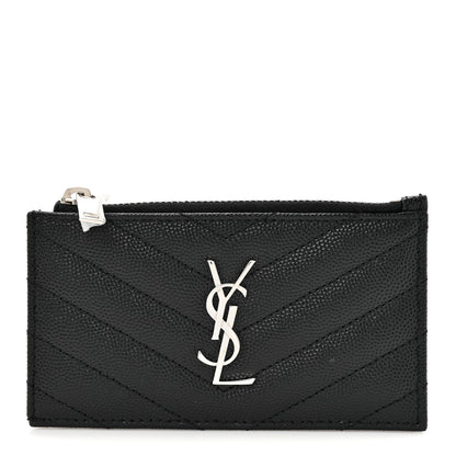 Saint Laurent Grain De Poudre Matelasse Chevron Monogram Fragments Zippered Card Case Black 1 of 8