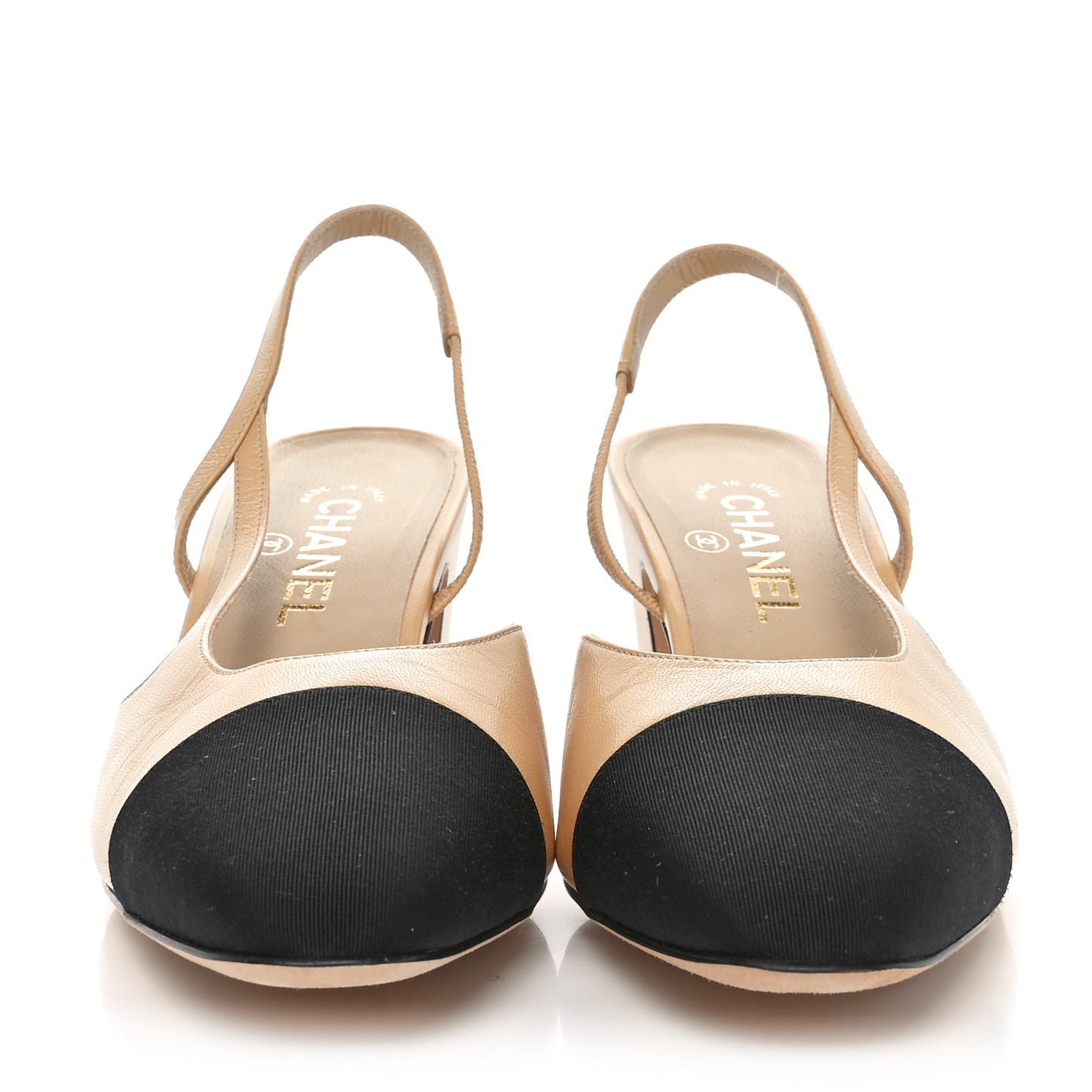 Goatskin Grosgrain Cap Toe CC Slingback Pumps 41 Beige Black