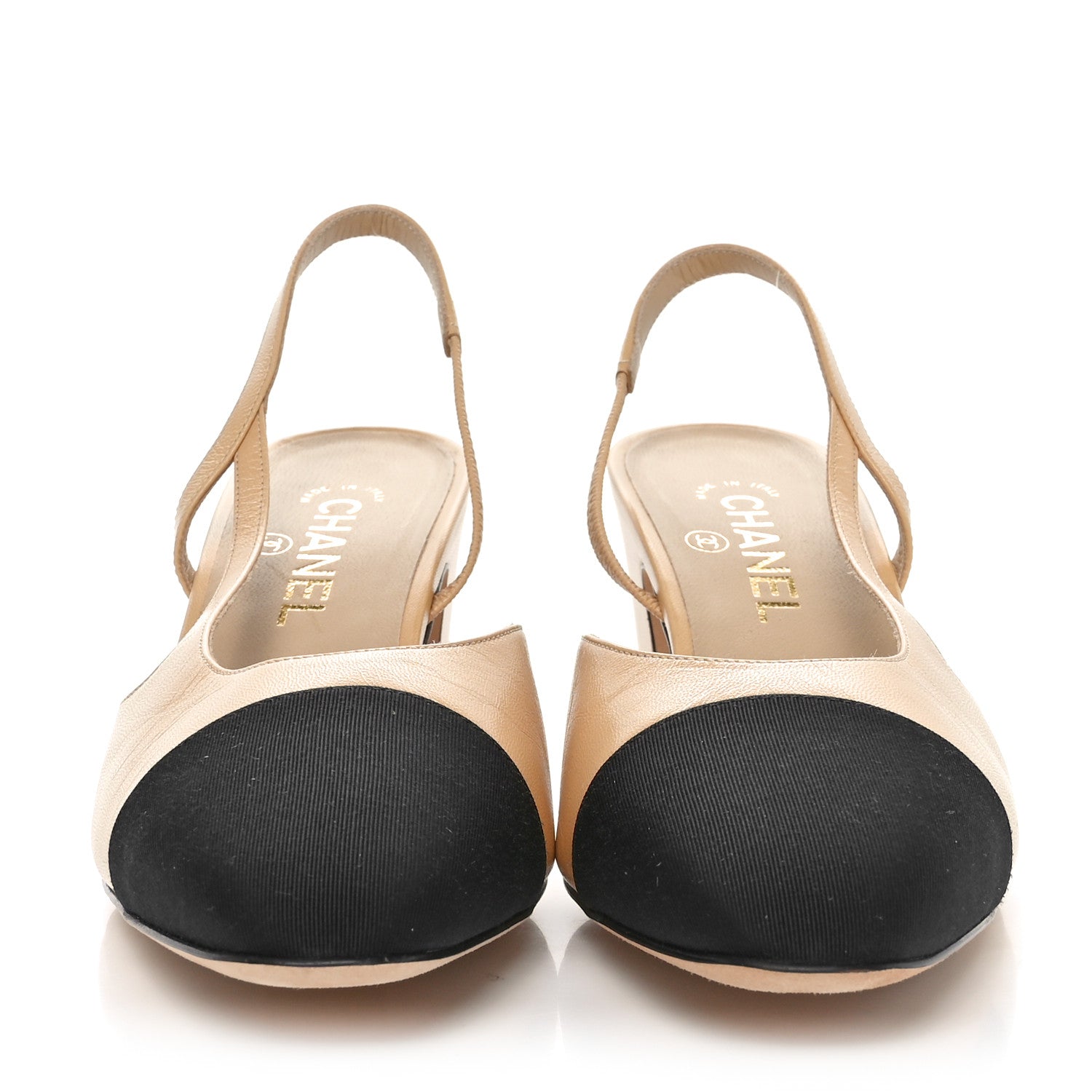 Chanel Goatskin Grosgrain Cap Toe CC Slingback Pumps 41 Beige Black 2 of 8