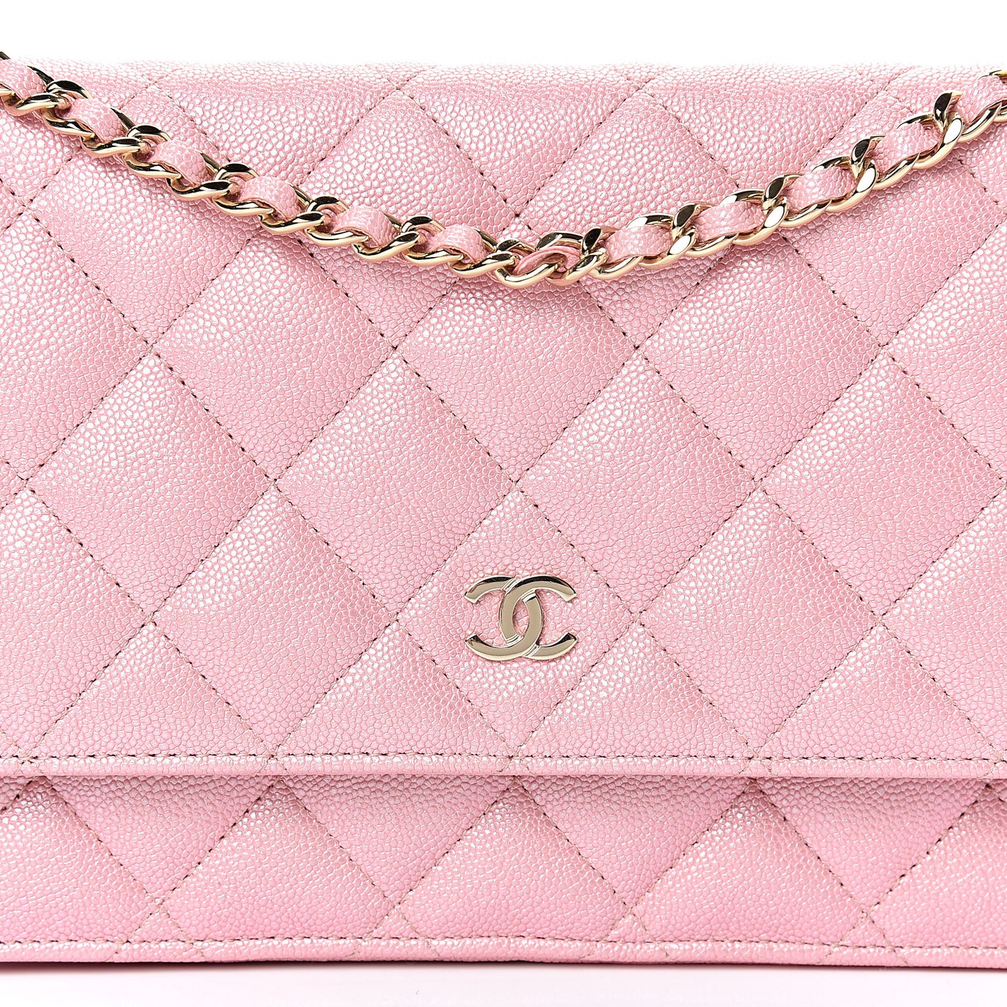 Iridescent Caviar Quilted Wallet on Chain WOC Rose Pink