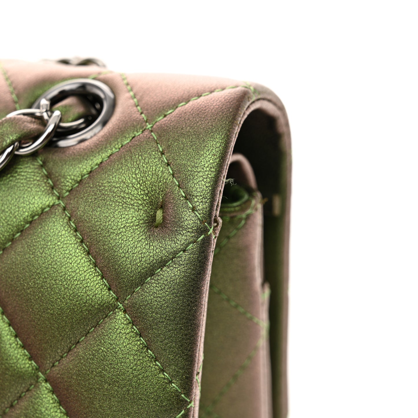Iridescent Lambskin Quilted Medium Double Flap Green
