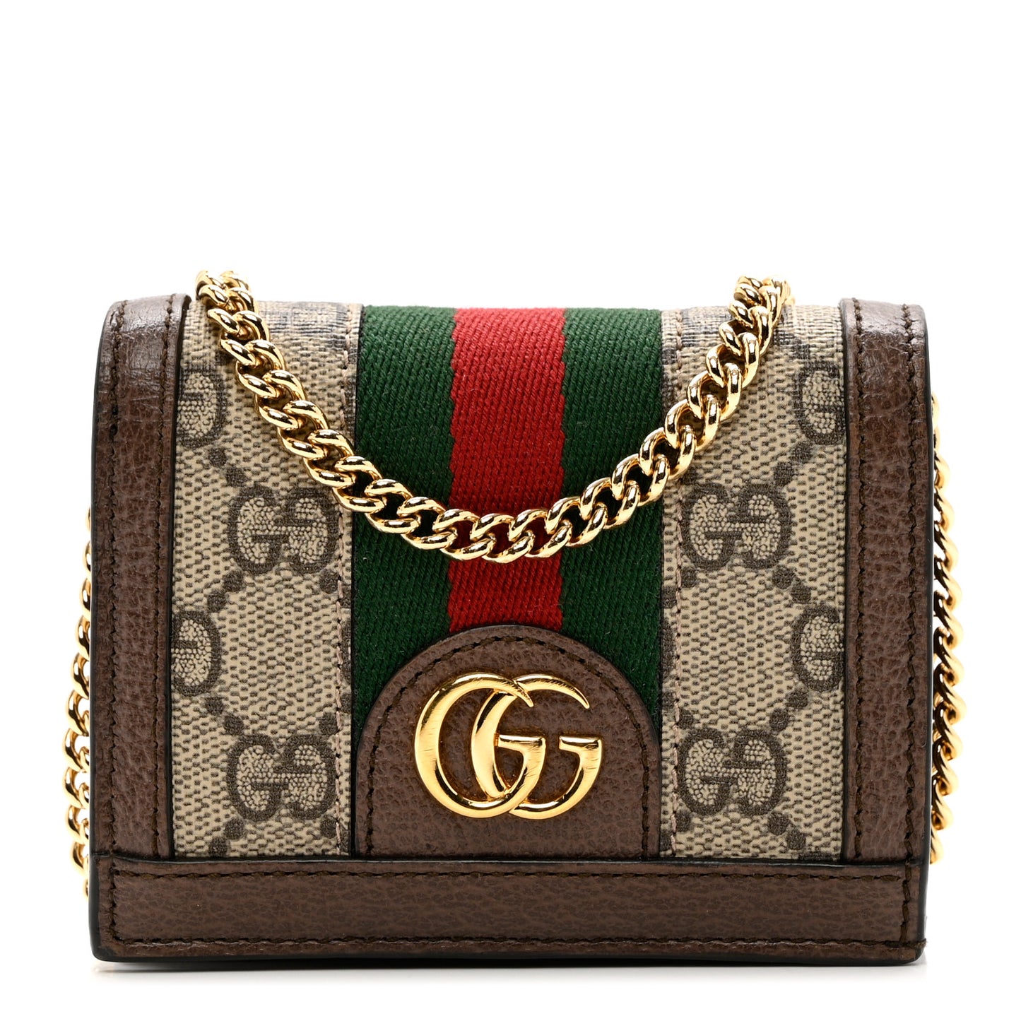GG Supreme Monogram Web Ophidia Chain Card Case Wallet Beige New Acero