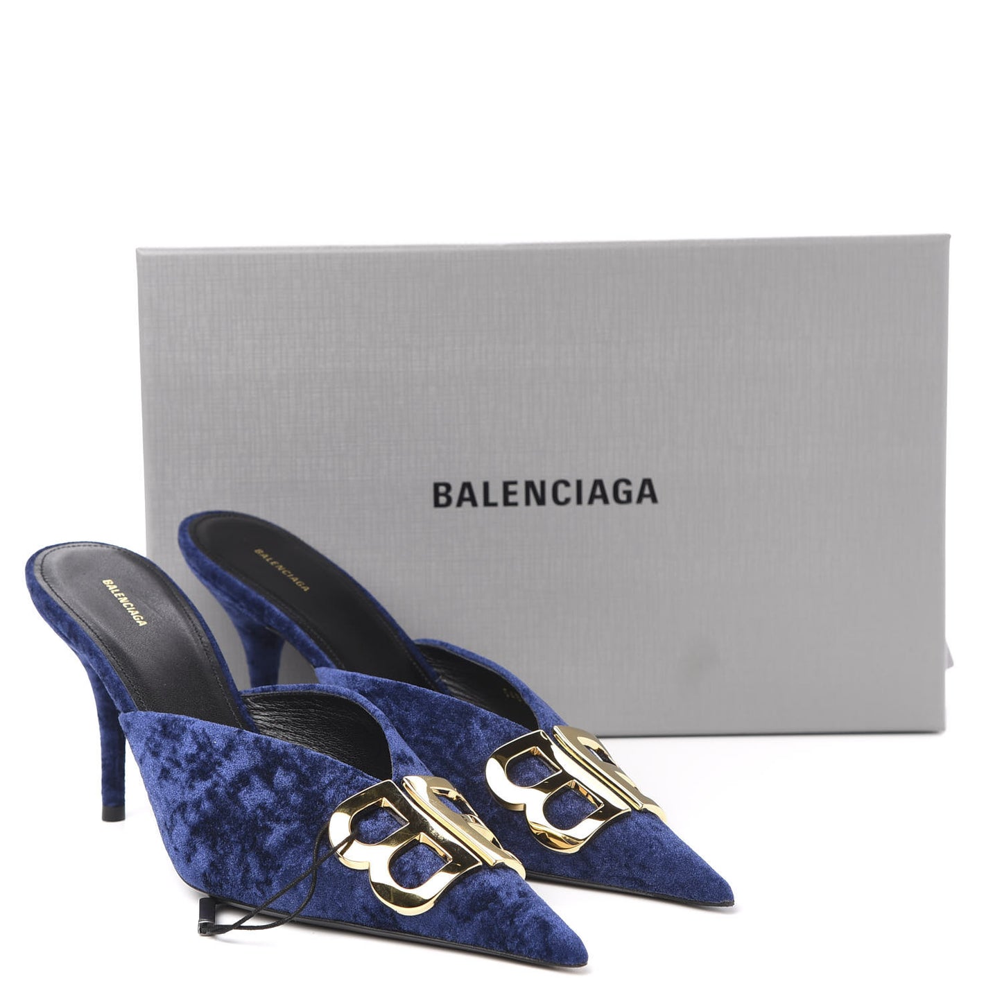 Stretch Velvet Pointed Toe BB 80mm Mules 40 Bleu Ocean