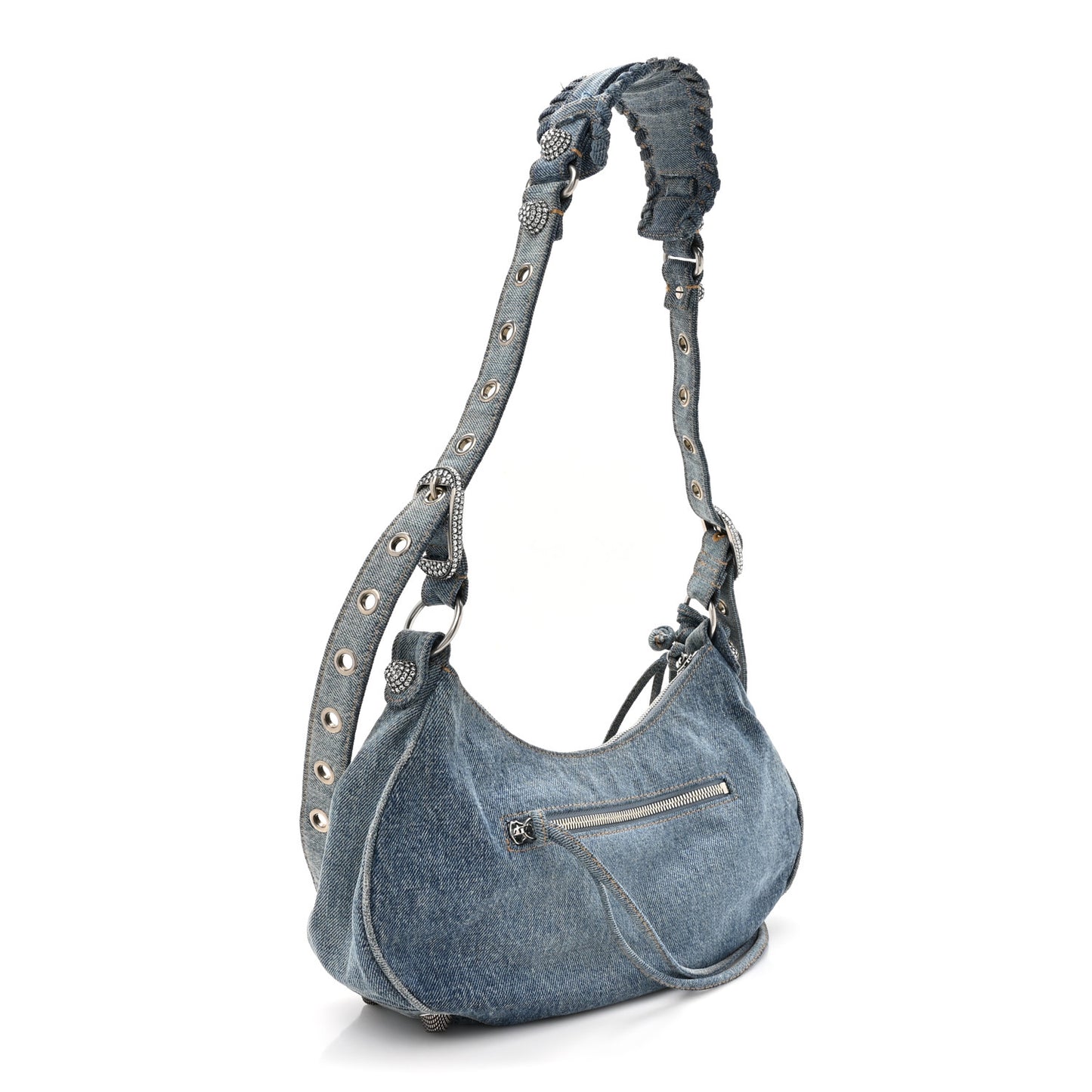 Washed Frayed Denim Crystal Small Le Cagole Shoulder Bag Blue