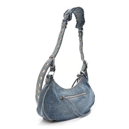 Balenciaga Washed Frayed Denim Crystal Small Le Cagole Shoulder Bag Blue 3 of 11