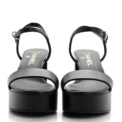 Chanel Lambskin Logo Platform Sandals 38 Black 2 of 11
