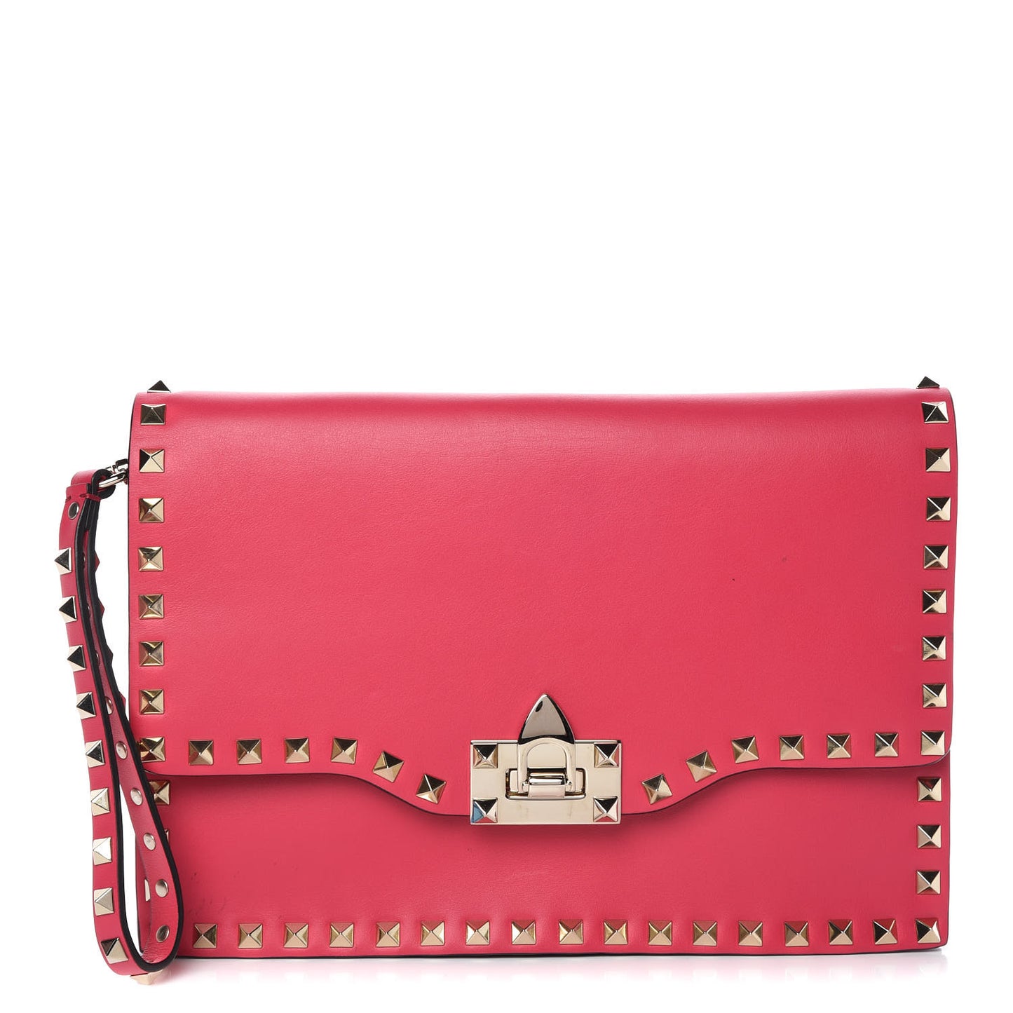 Vitello Rockstud Flip Lock Wristlet Clutch Deep Fuxia