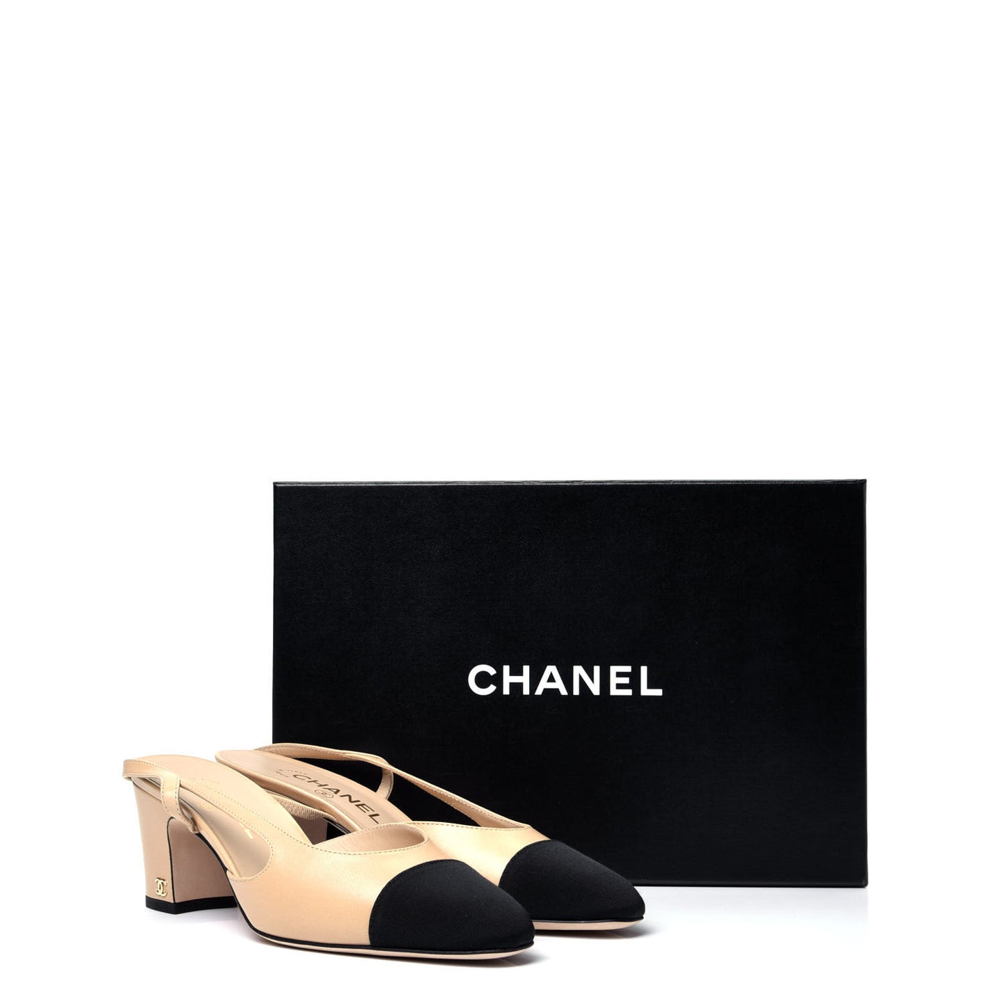 Goatskin Grosgrain Cap Toe CC Slingback Pumps 38 Beige Black