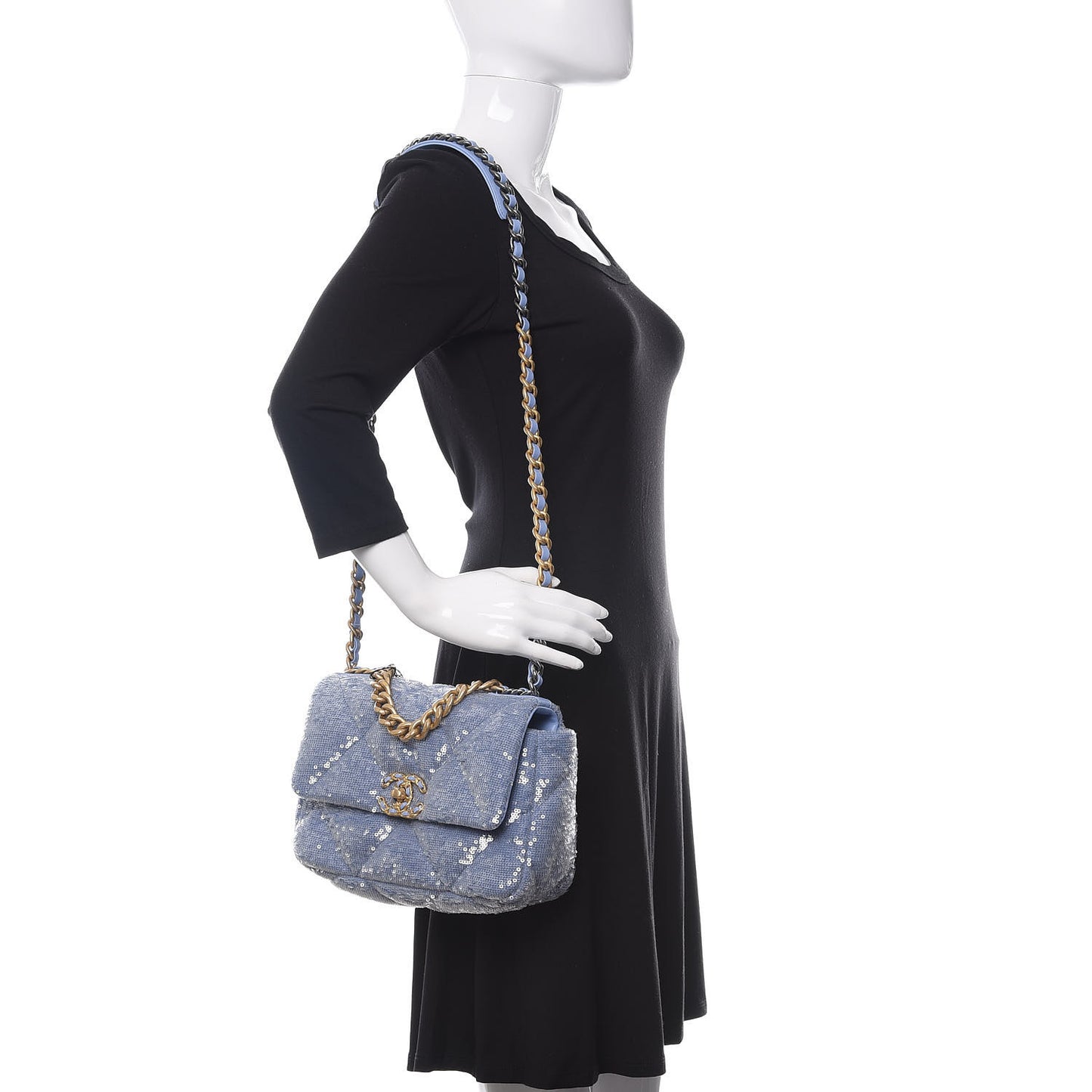 Sequin Quilted Medium Chanel 19 Flap Light Blue