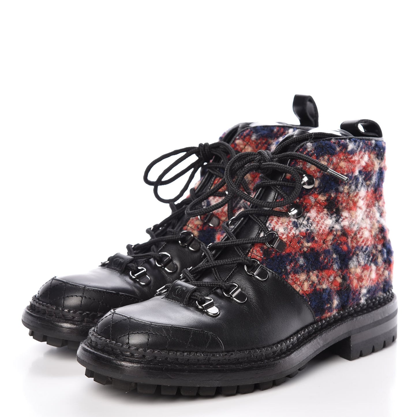 Calfskin Tweed Quilted Lace Up Short Boots 37 Black Multicolor