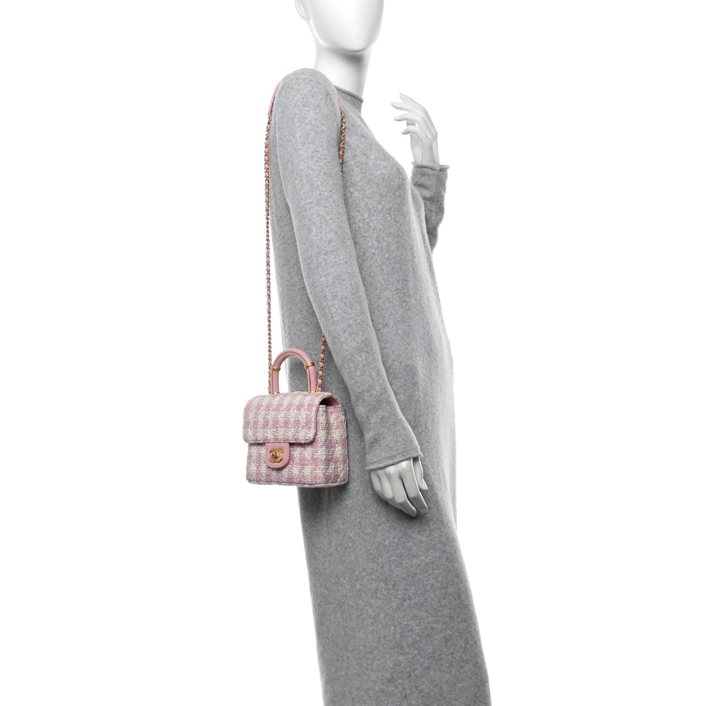 Tweed Handle Crush Top Handle Flap Bag Pink Ecru