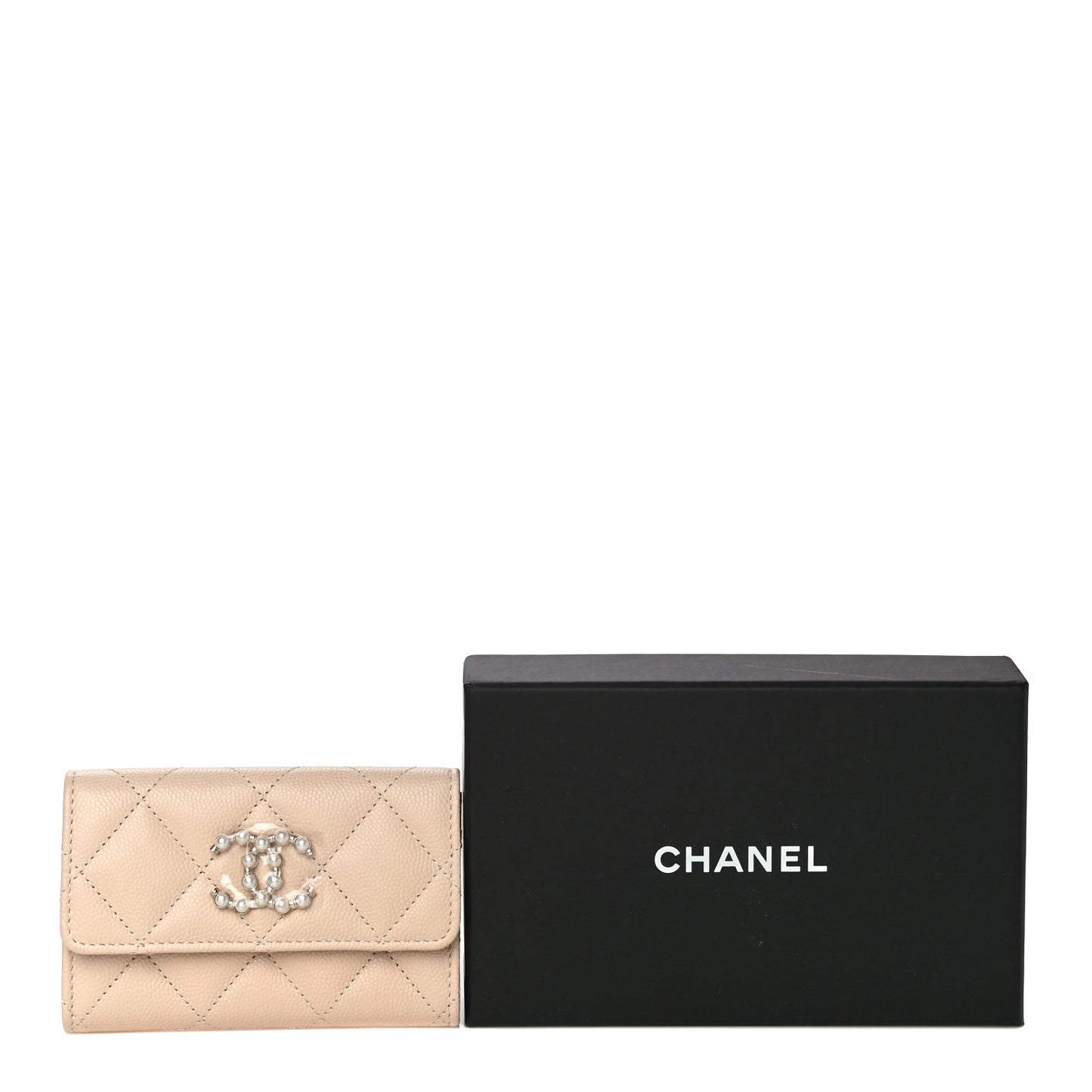 Caviar Pearl Quilted Coco Candy Flap Card Holder Beige